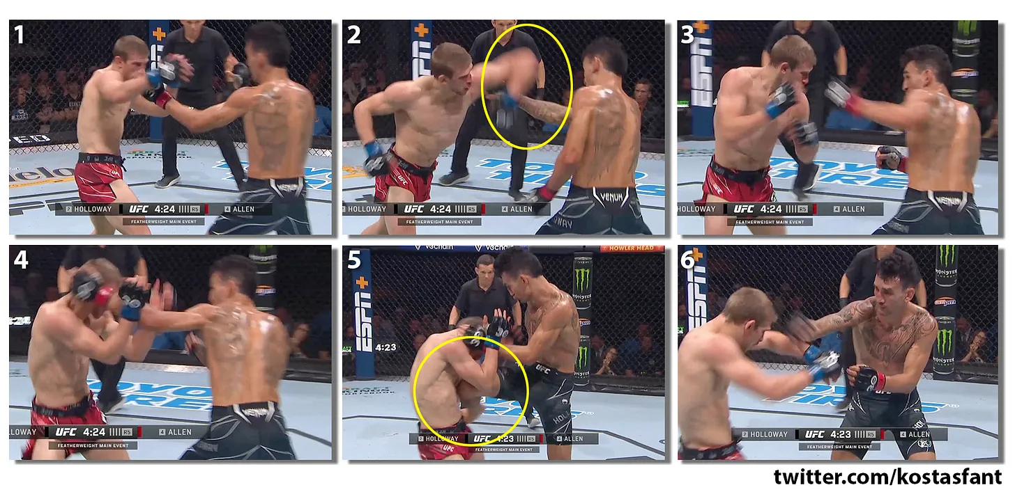 Max Holloway lands a counter knee against Arnold Allen.