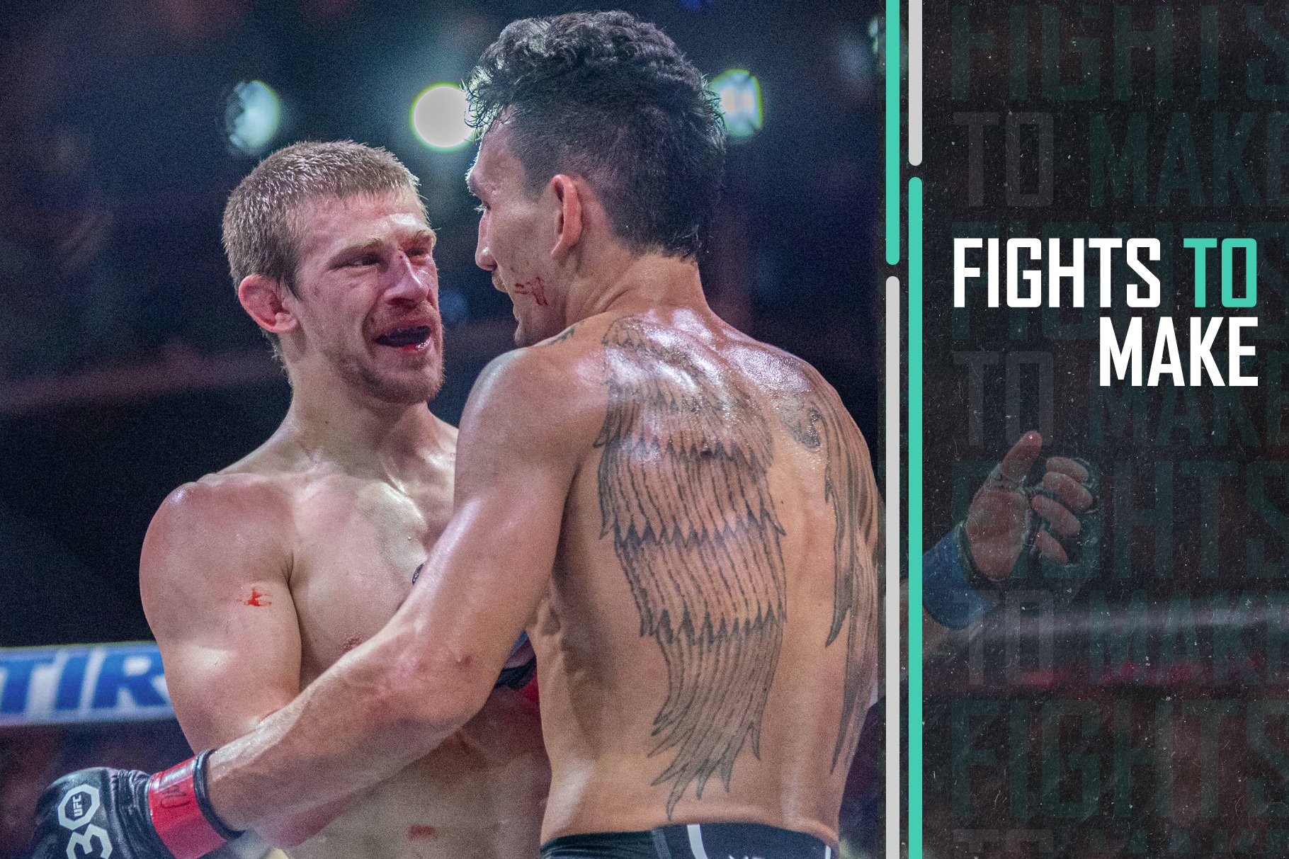 Arnold Allen congratulates Max Holloway at UFC Kansas City.