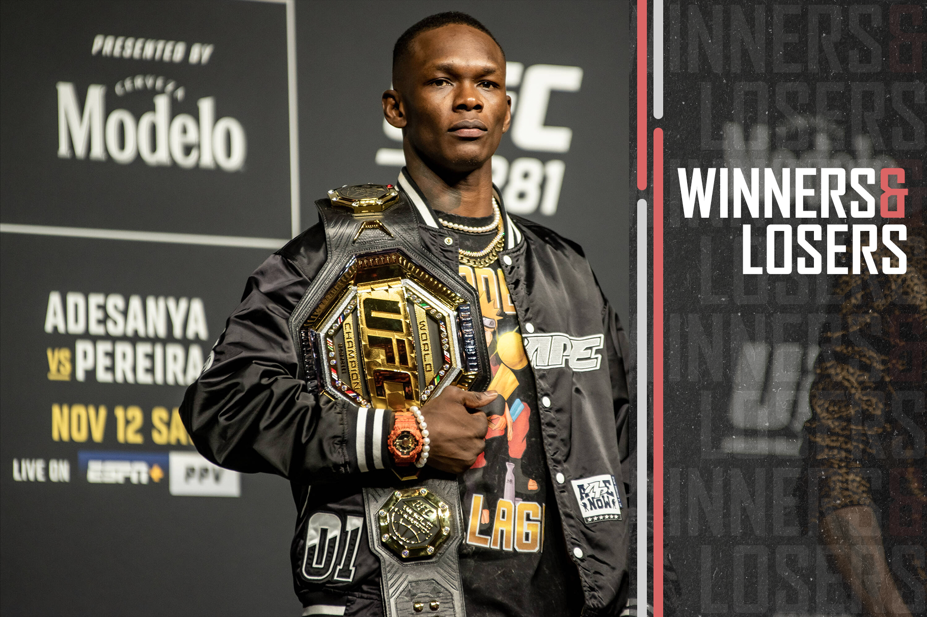 Israel Adesanya Poses on stage after the UFC 281 press conference - ahead of his UFC Middleweight Title bout at Madison Square Garden New York, NY