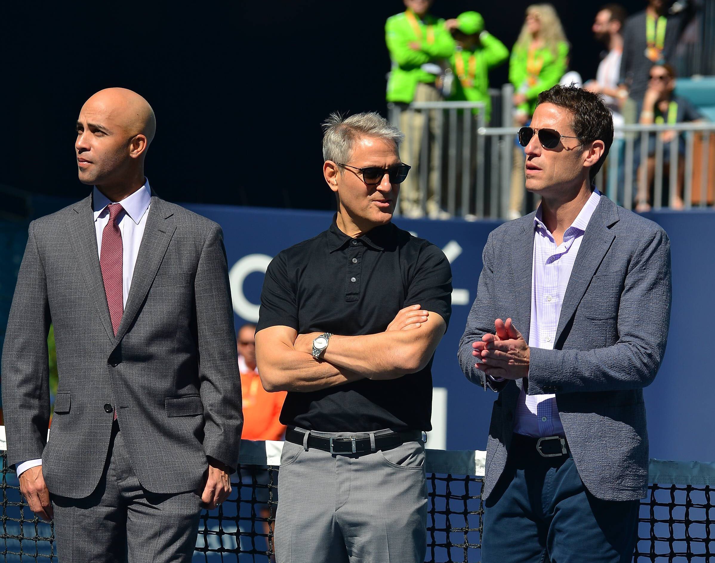 MIAMI GARDENS, FLORIDA - MARCH 20: James Blake, Ari Emanuel, Co-CEO of William Morris Endeavor and media executive Mark Shapiro during the ribbon c...