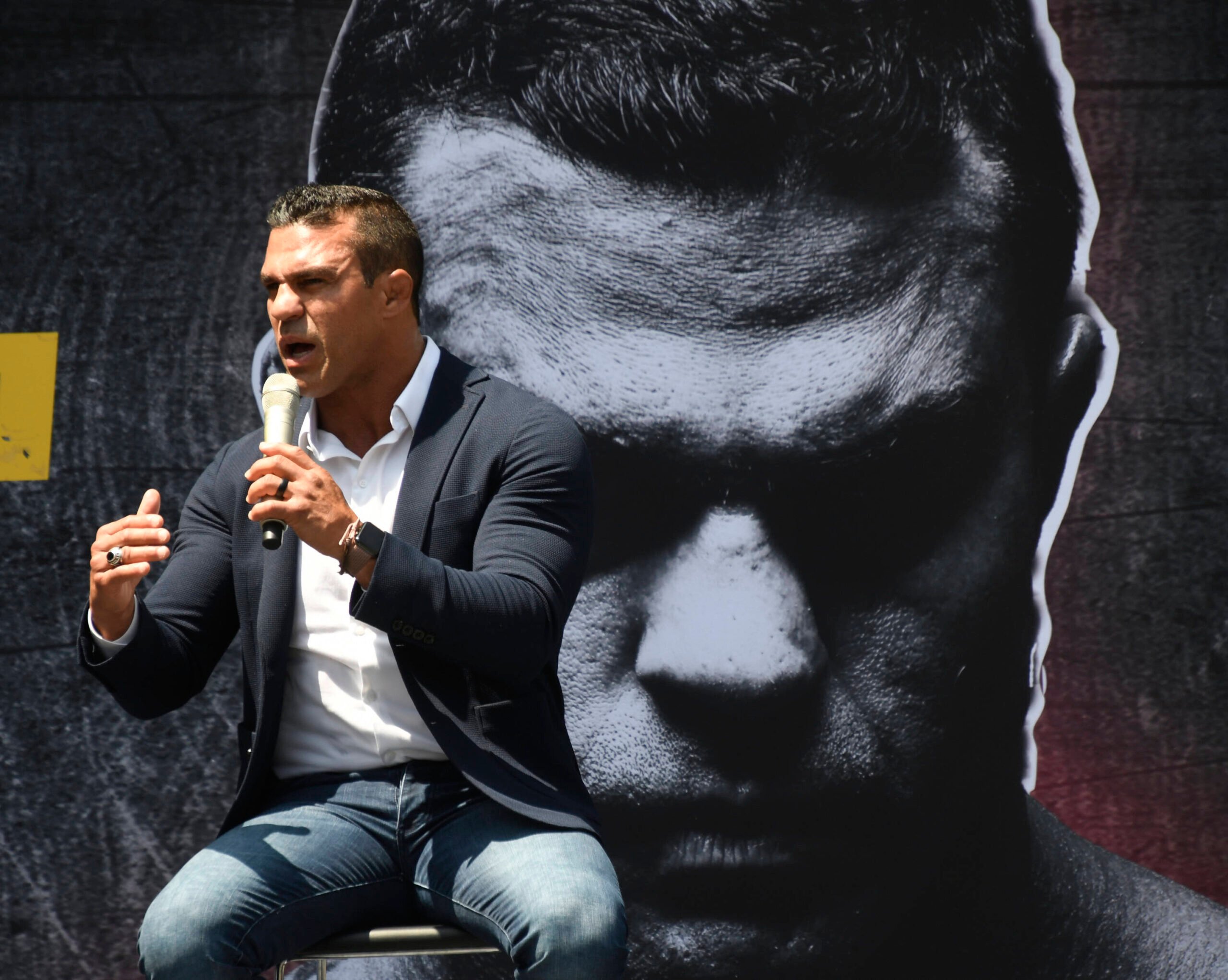 Vitor Belfort addresses the crowd during a media event.