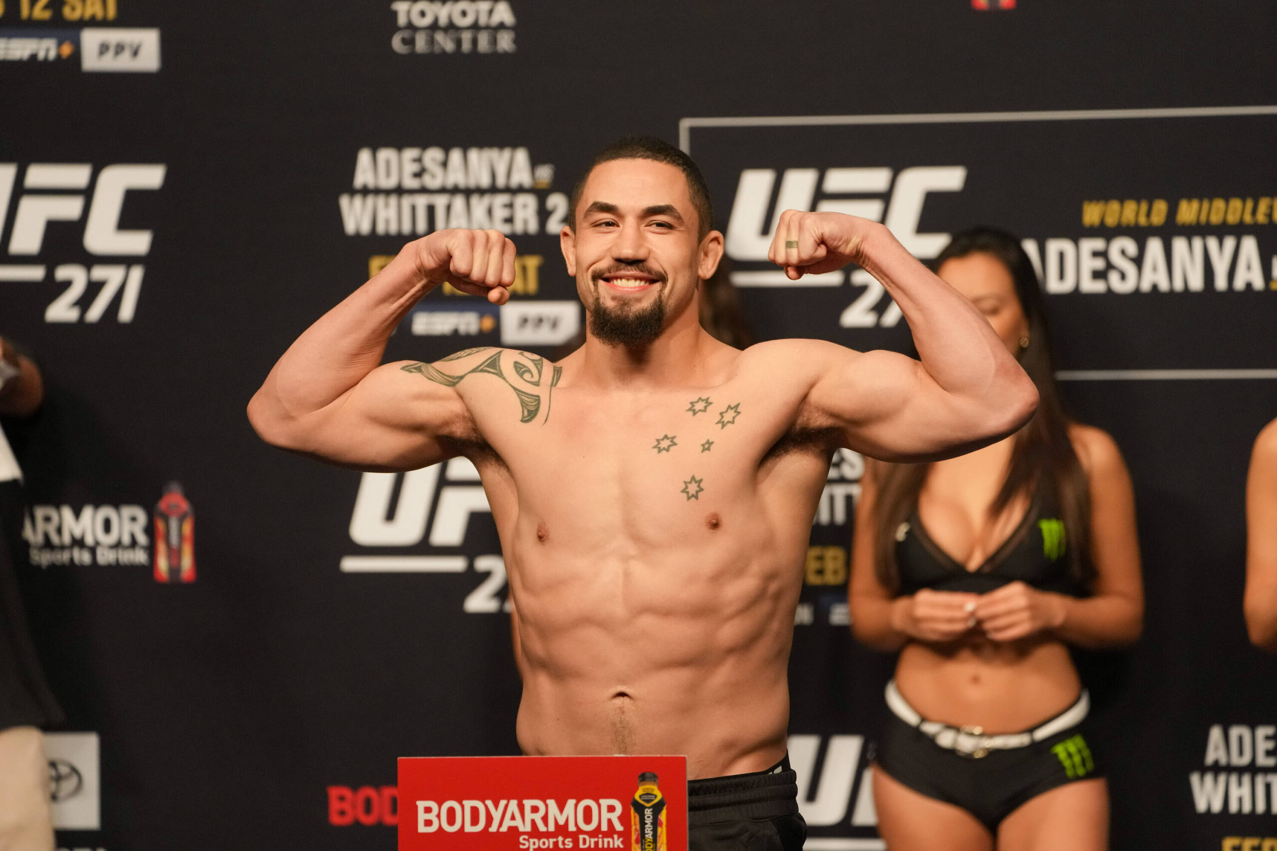 Robert Whittaker at weigh-ins for UFC 271 in Feb. 2022.