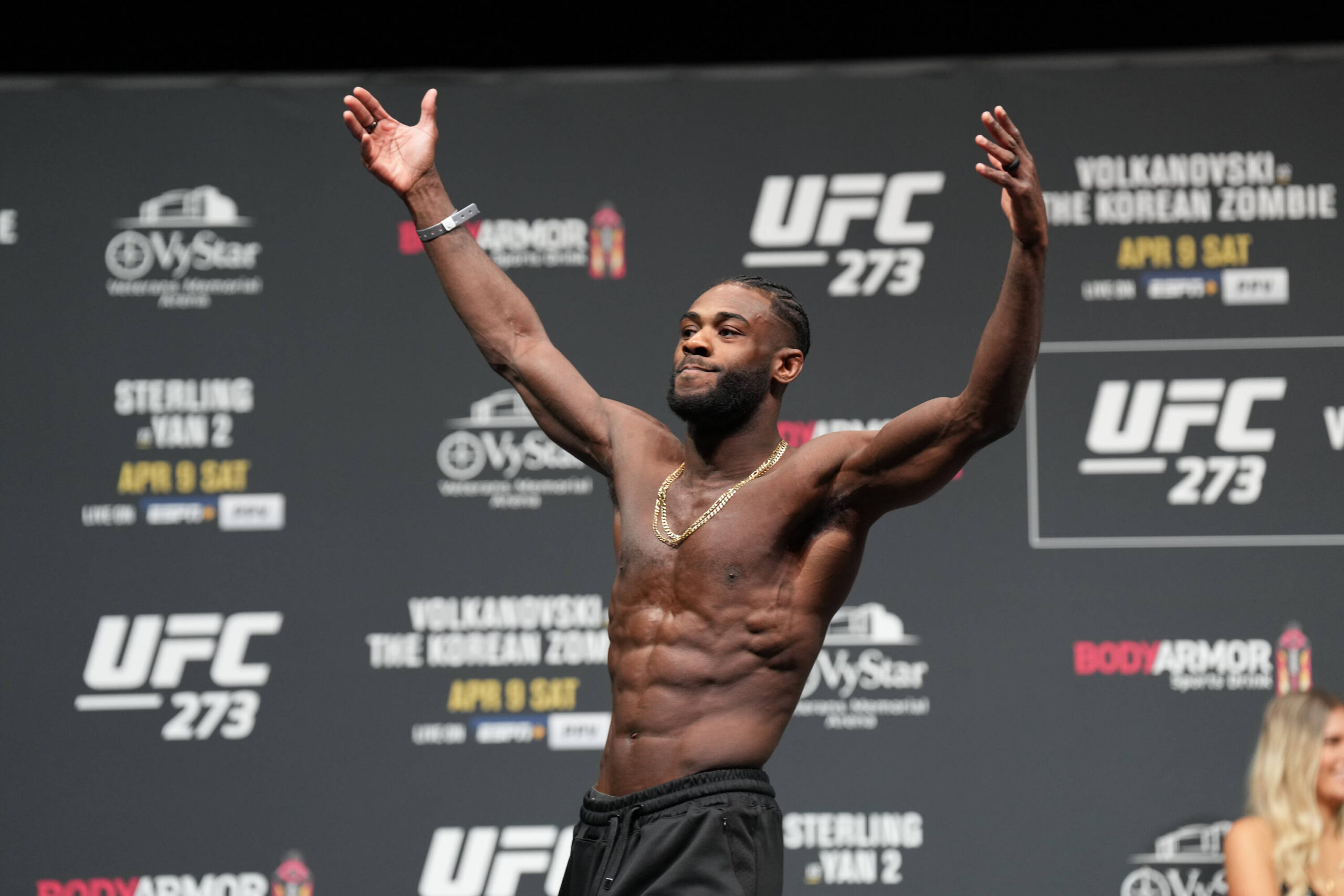 Aljamain Sterling at ceremonial weigh-ins for UFC 273 in April 2022.
