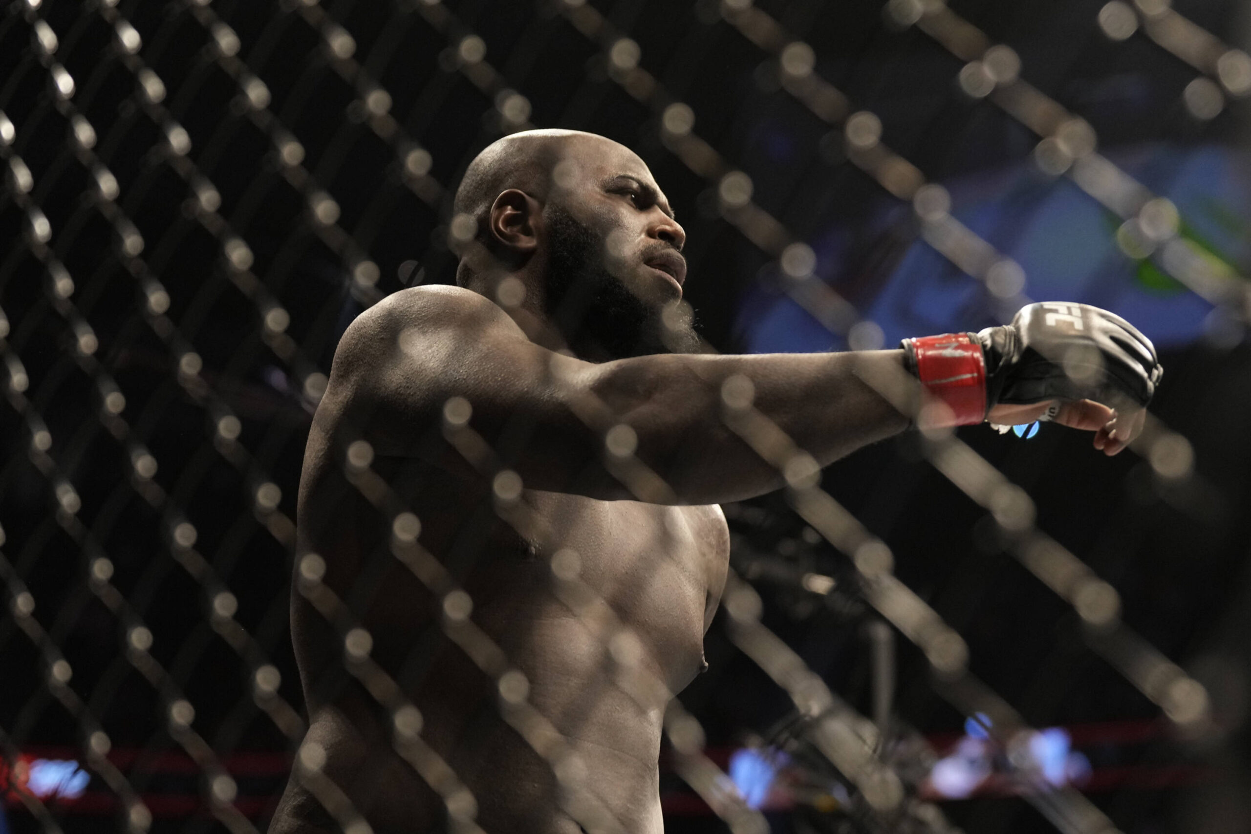 UFC Charlotte's Jairzinho Rozenstruik celebrates his win over Chris Daukaus.