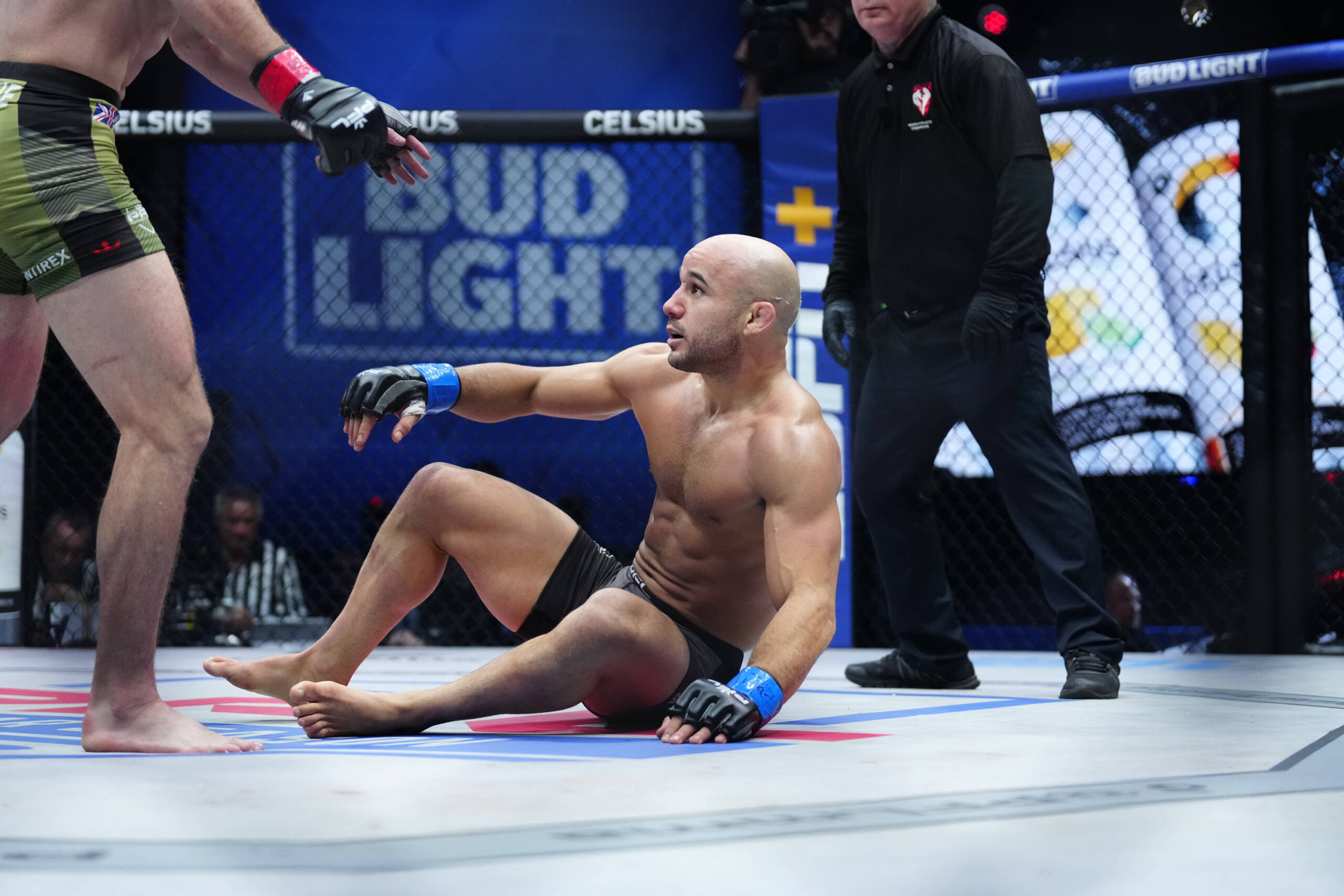PFL 2023 season opener. Marlon Moraes gets dropped by a low kick.