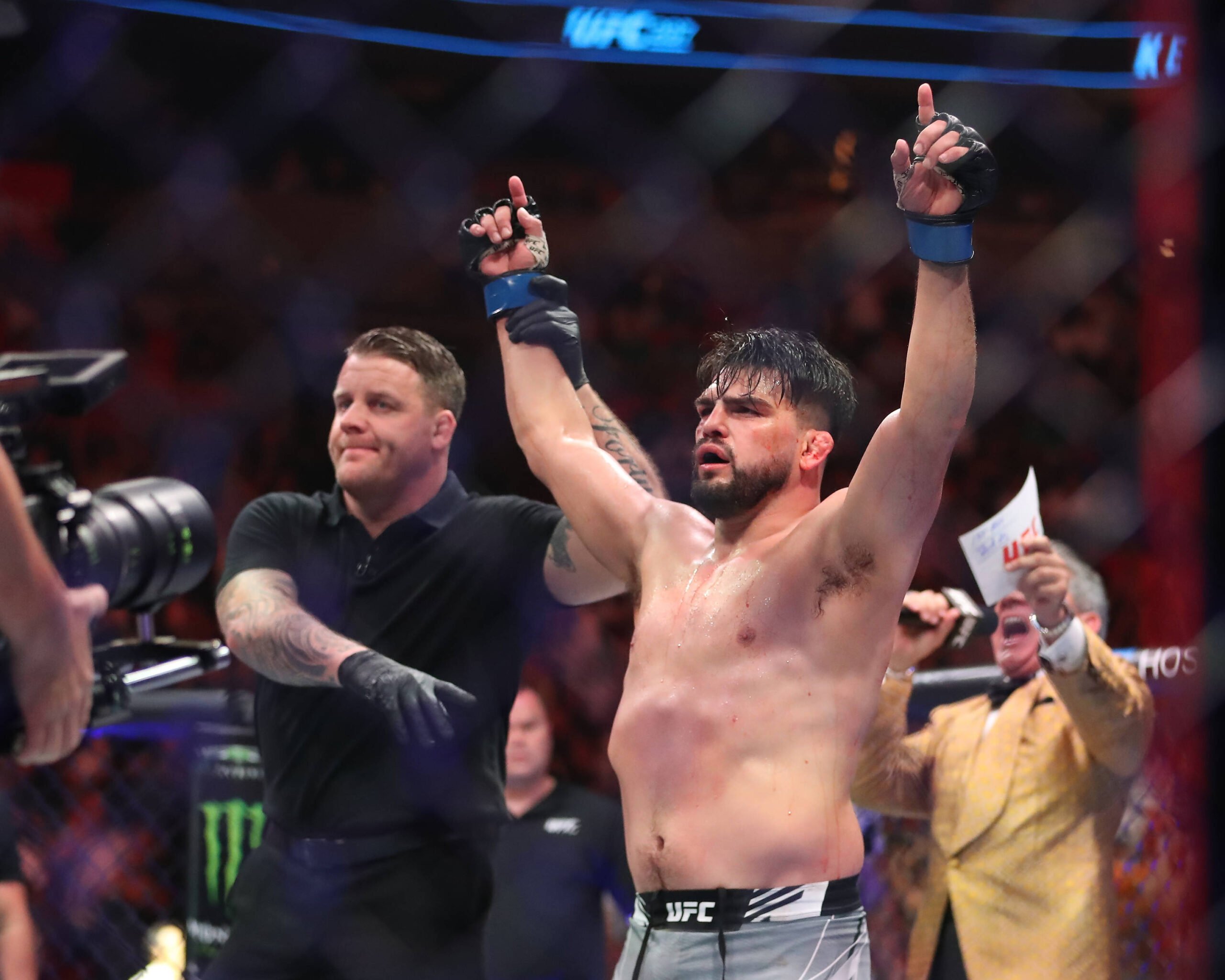 April 8, 2023, Miami, FL, Miami, Florida, United States: MIAMI, FLORIDA - APRIL 8: Kelvin Gastelum celebrates his victor