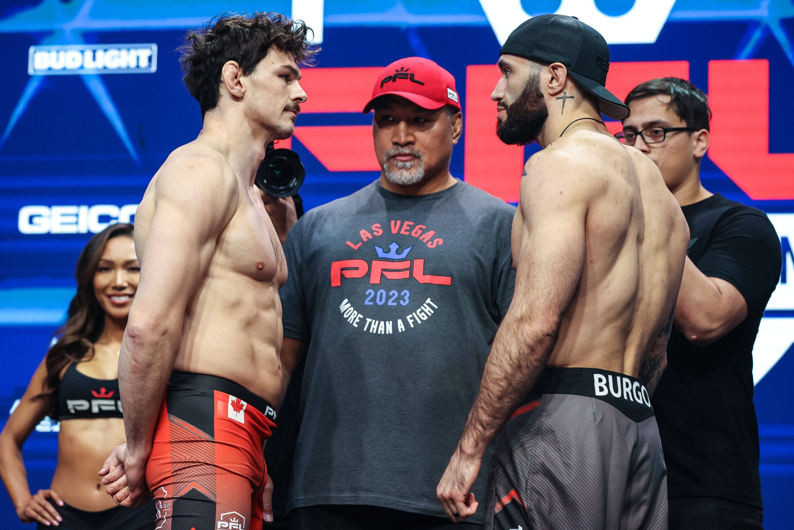 Shane Burgos and Olivier Aubin-Mercier faceoff at the PFL 3 weigh ins.