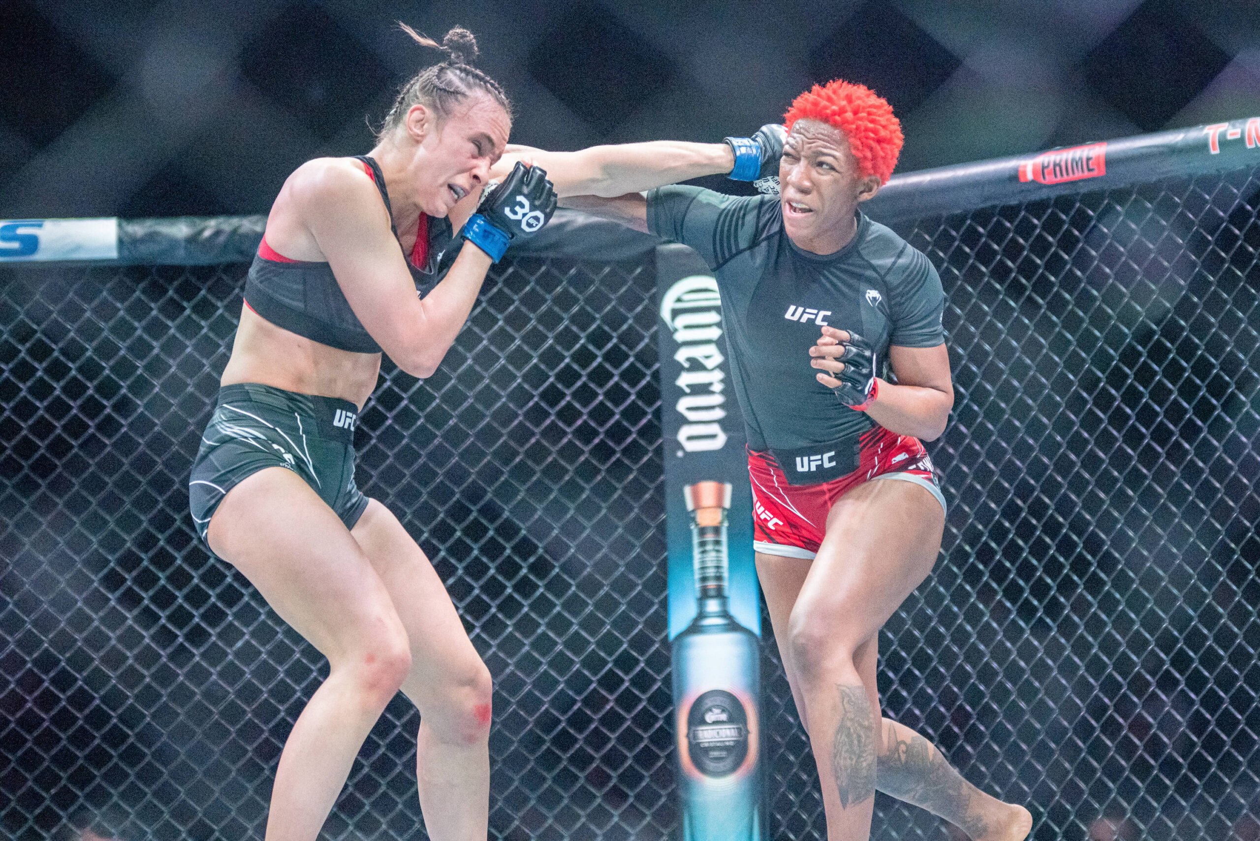 Joselyne Edwards punches Lucie Pudilová at UFC Fight Night: Holloway vs. Allen.