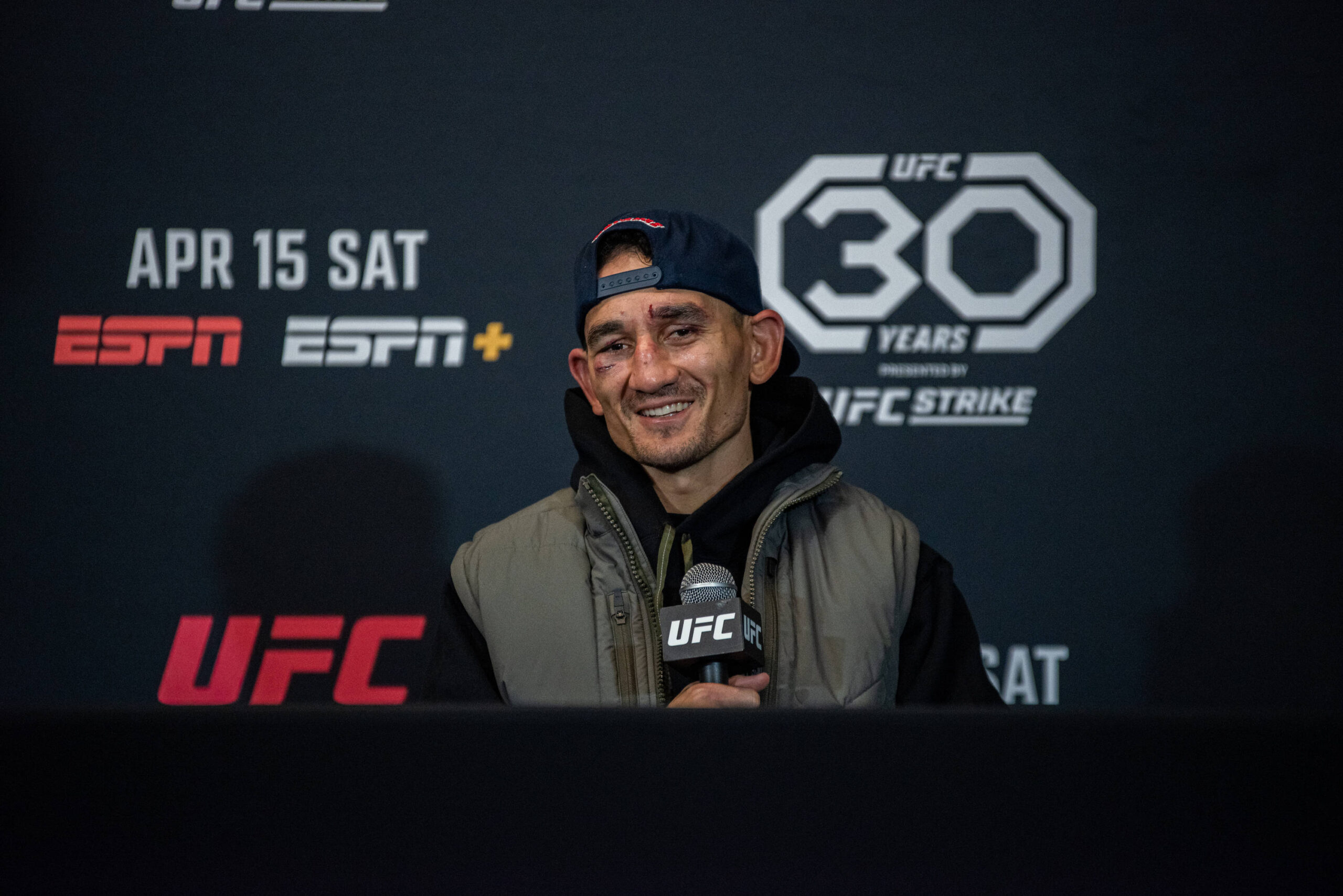Max Holloway at the post-fight press conference for UFC Fight Night: Holloway vs. Allen.