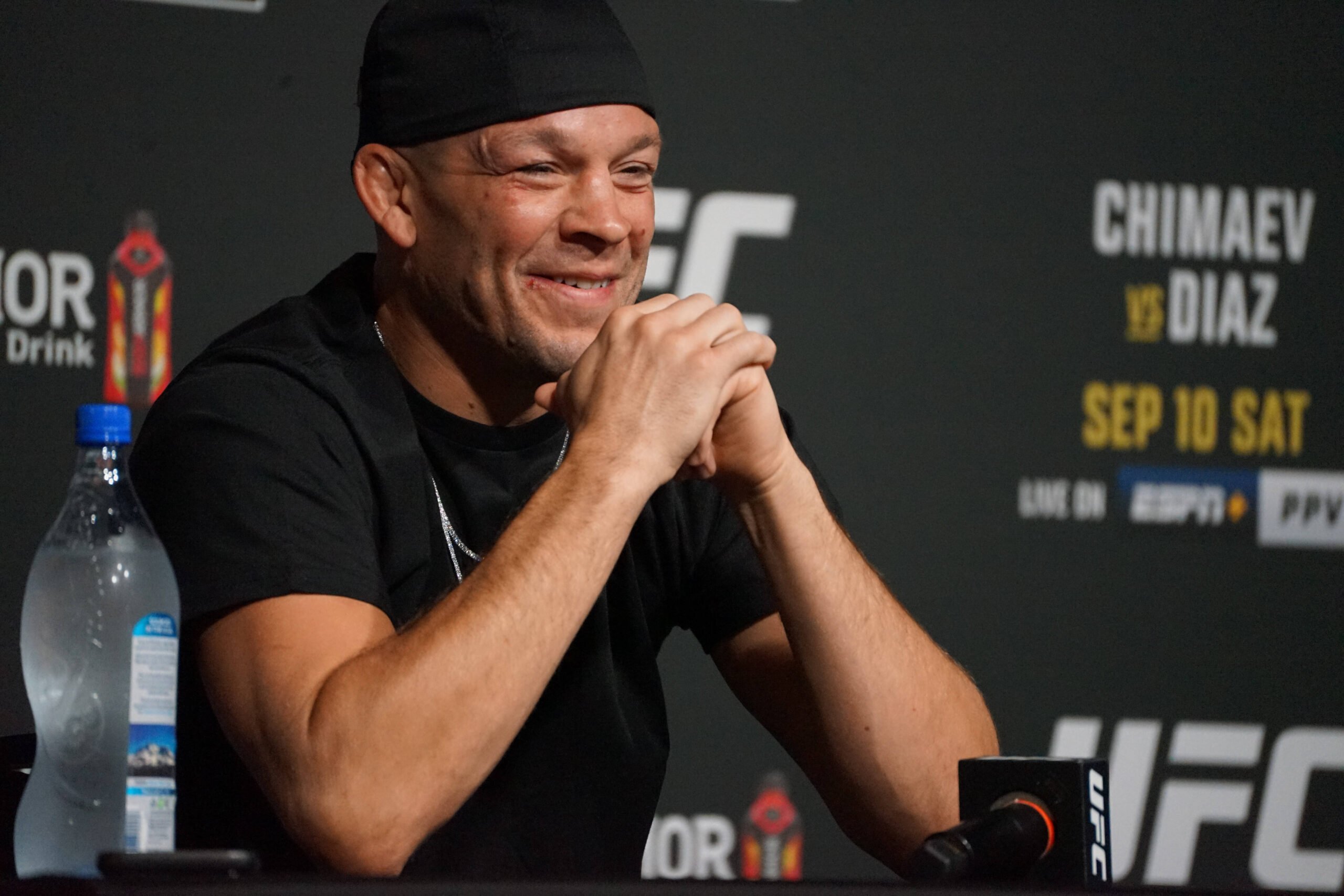 Nate Diaz smiling at press conference