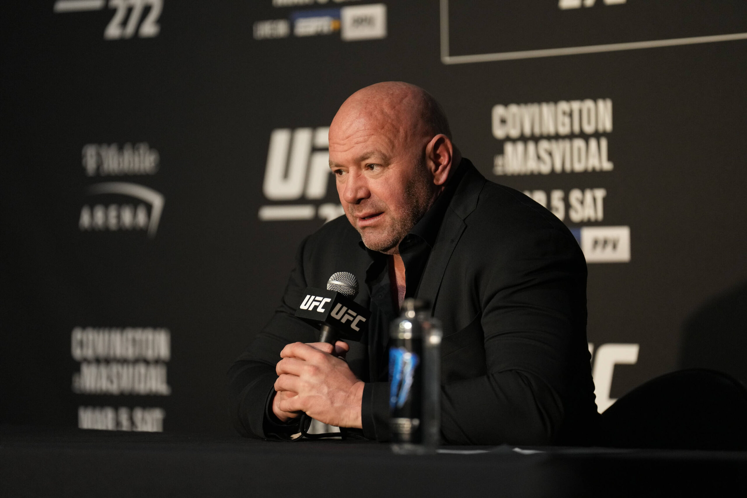 Dana White speaks during the UFC 272 press conference.
