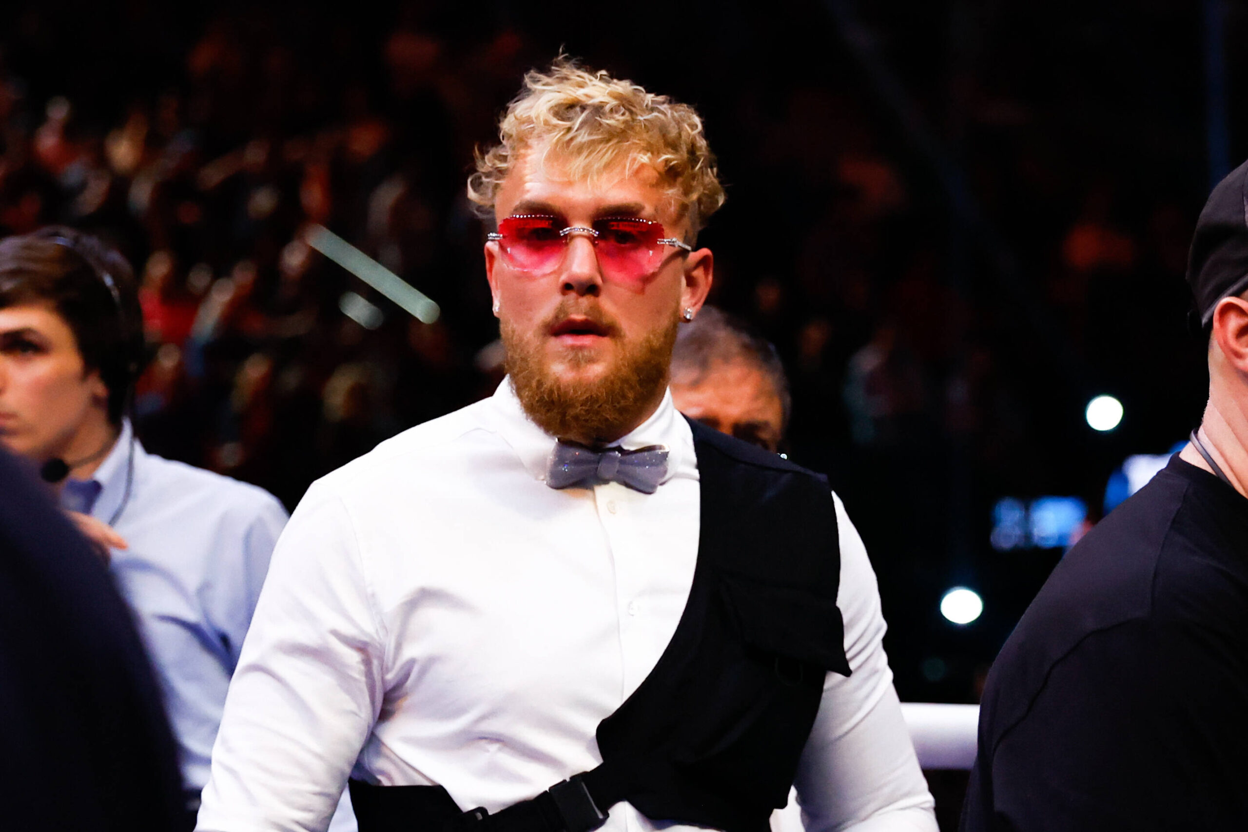 Jake Paul stands in the ring during the Katie Taylor-Amanda Serrano fight in April.