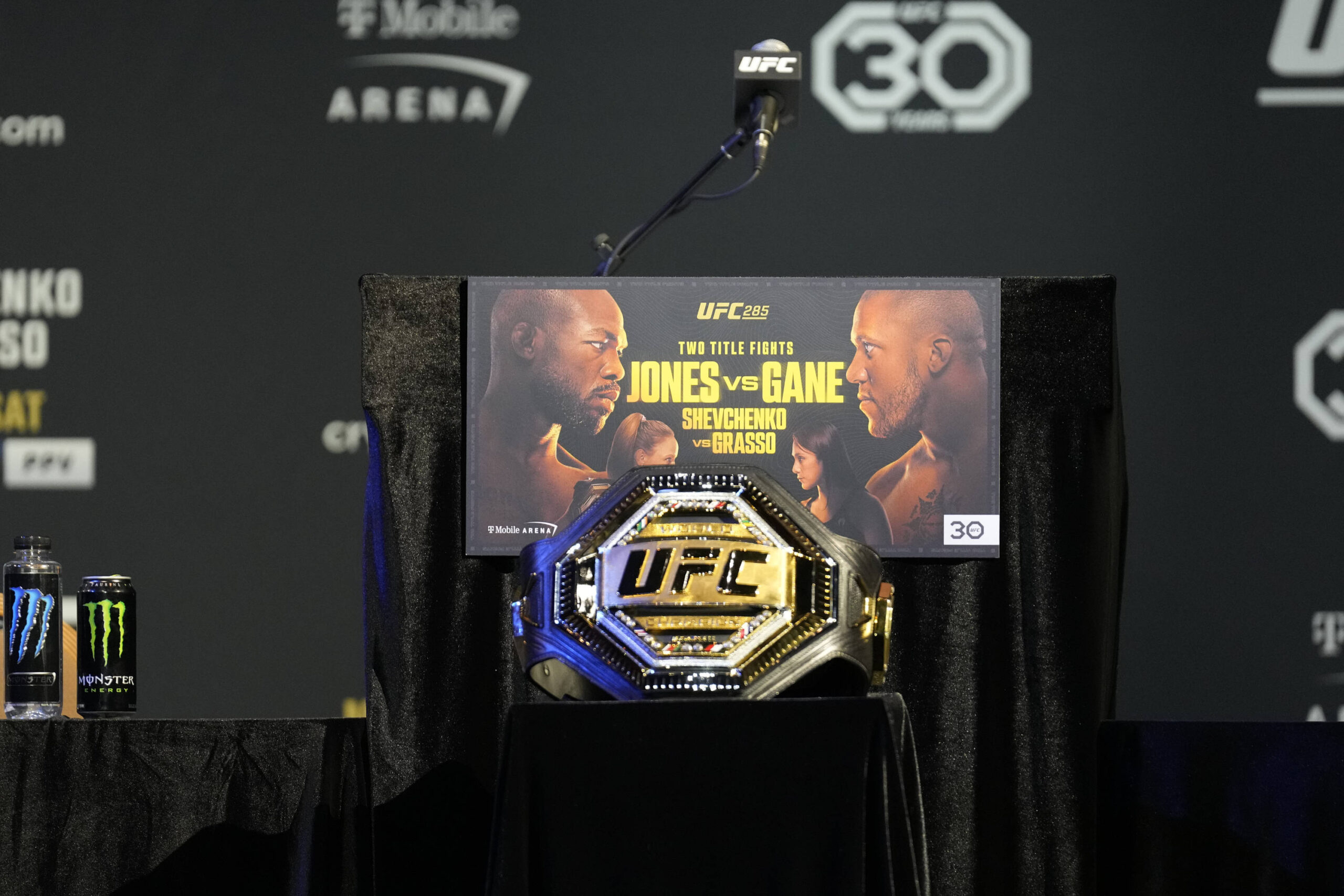 The UFC championship belt on display for UFC 285.