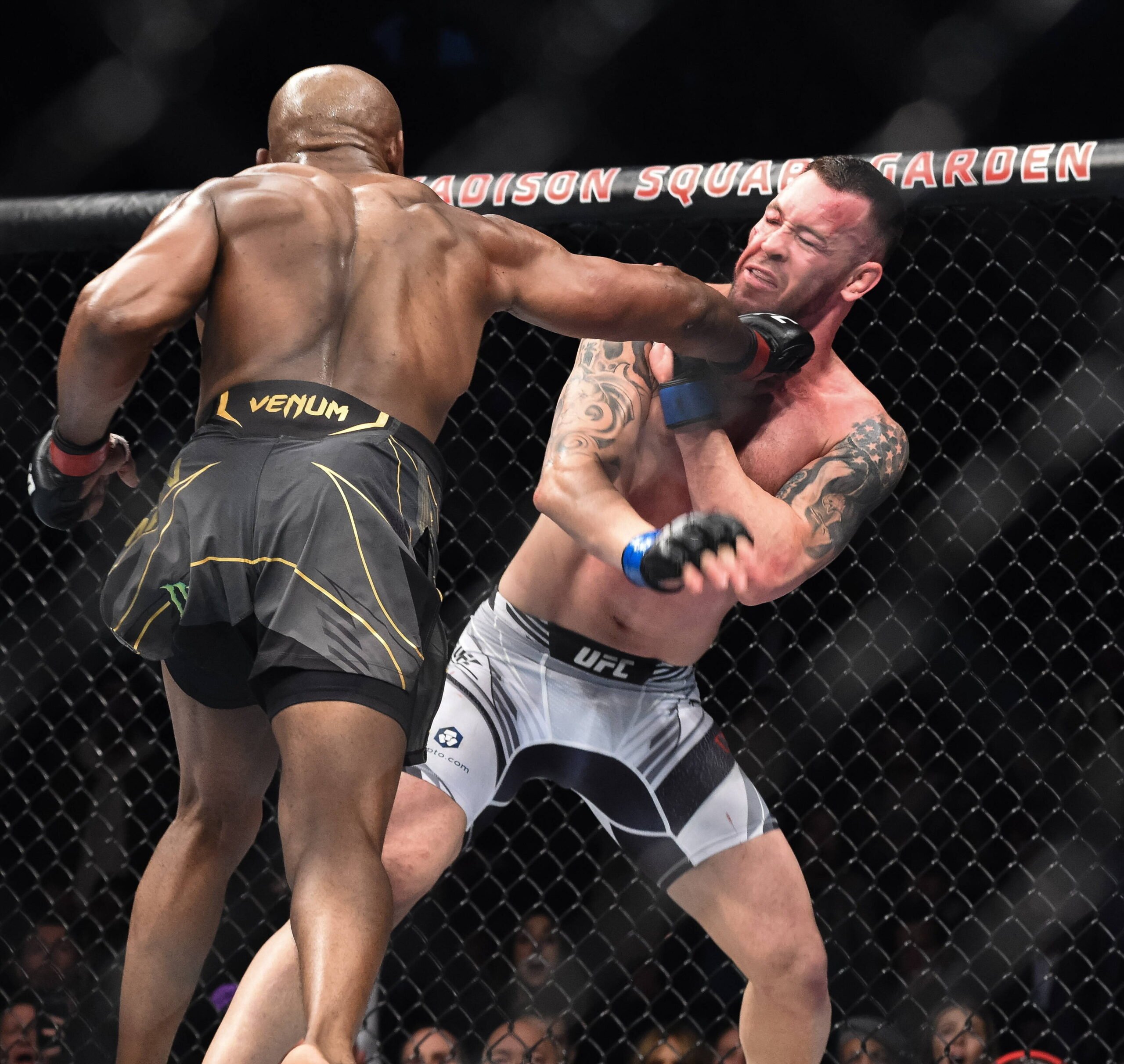 November 6, 2021, New York, New York, USA: Kamaru Usman delivers a jab to Colby Covington during UFC 268 at Madison Square Garden. New York USA - Z...