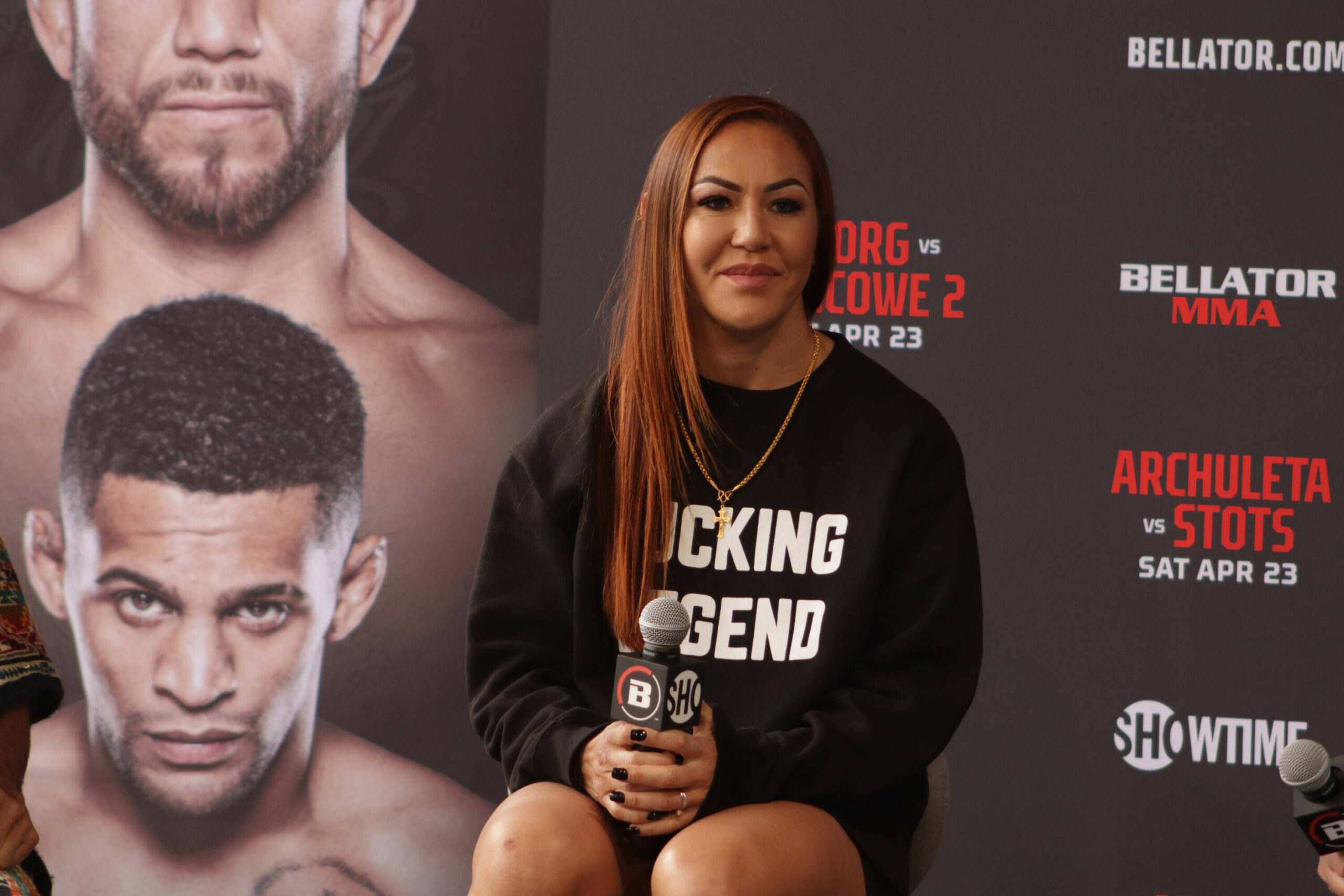 Cris Cyborg at a press conference for Bellator 279 in April 2022. Mike Perry.