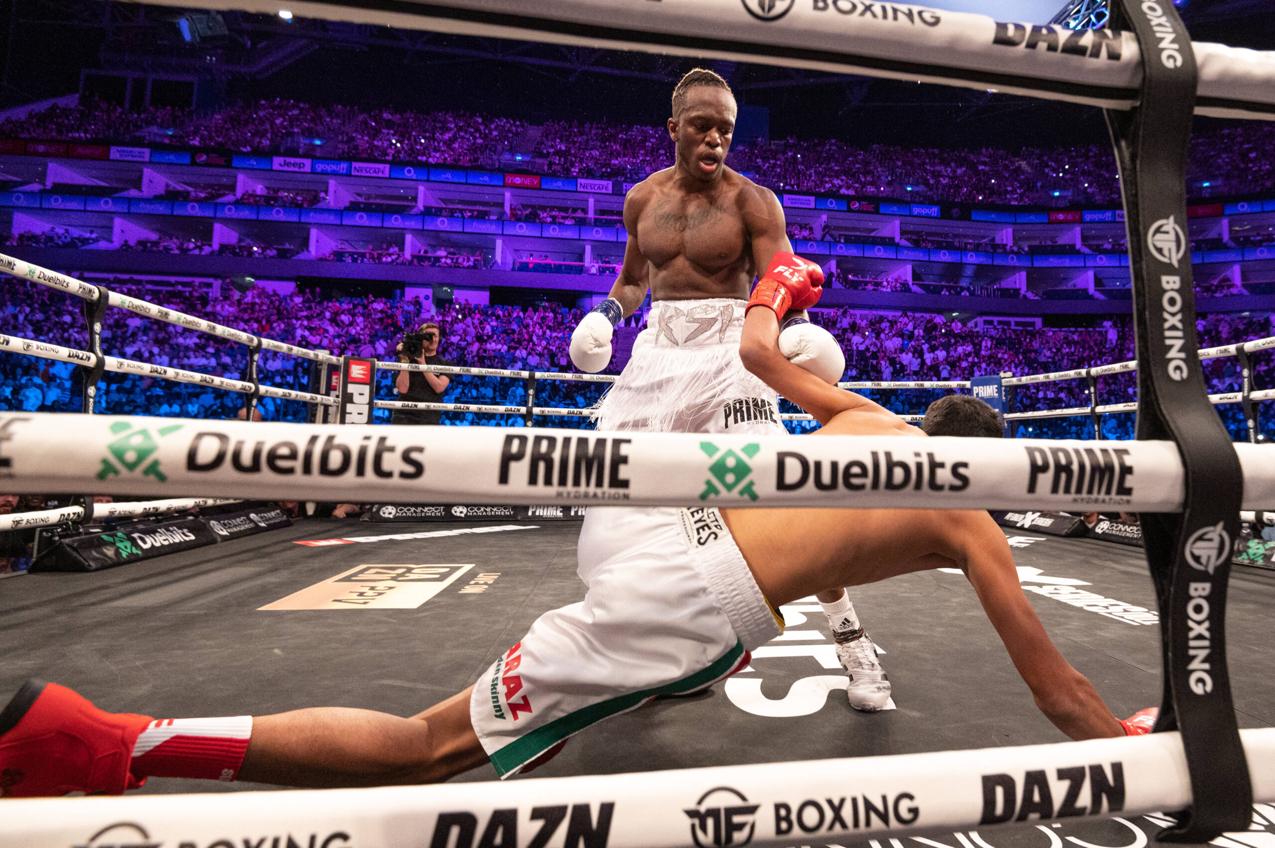 KSI reacts after winning his boxing fight