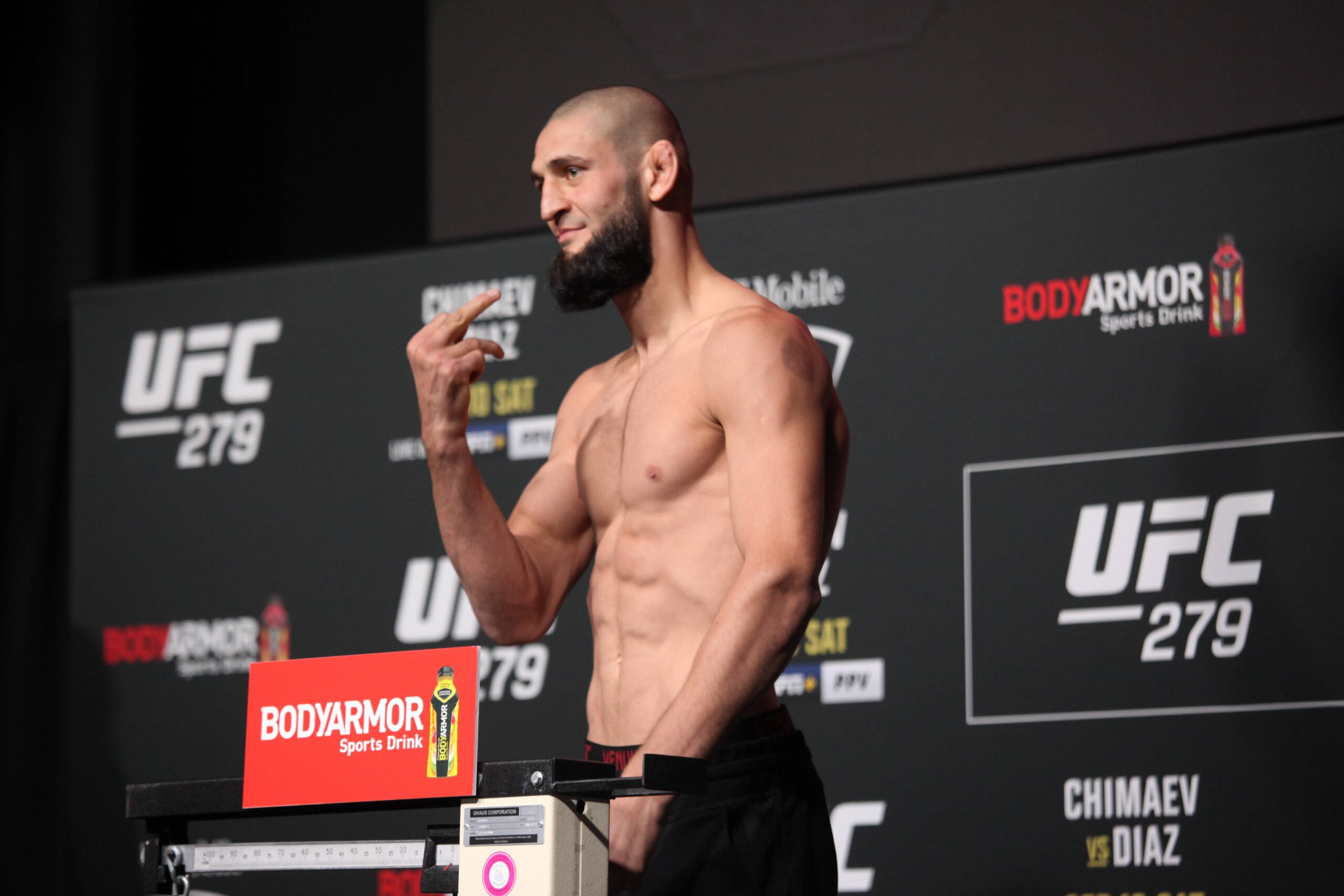 Khamzat Chimaev weighs in for UFC 279.