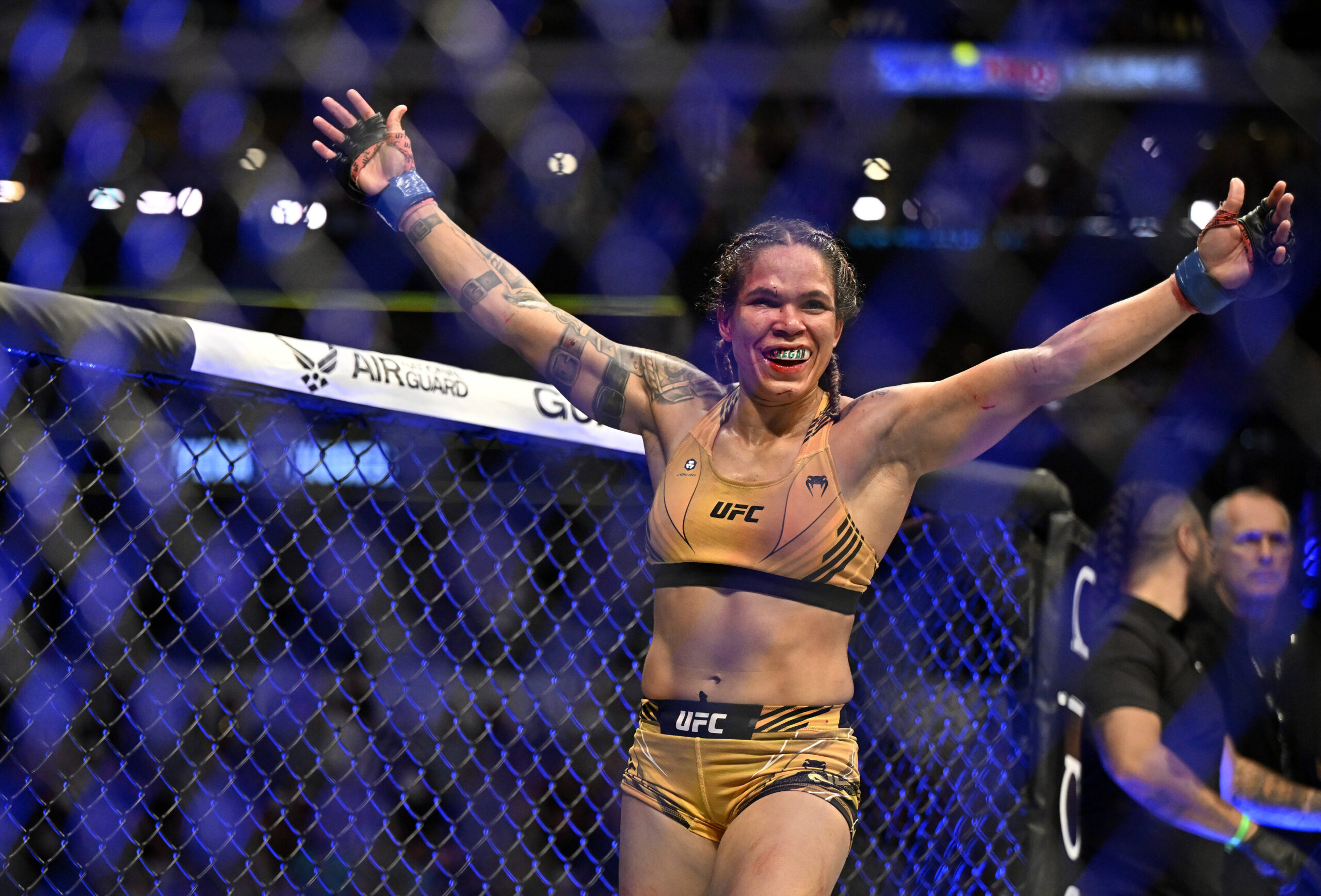 Amanda Nunes reacts to her win against Julianna Peña at UFC 277.