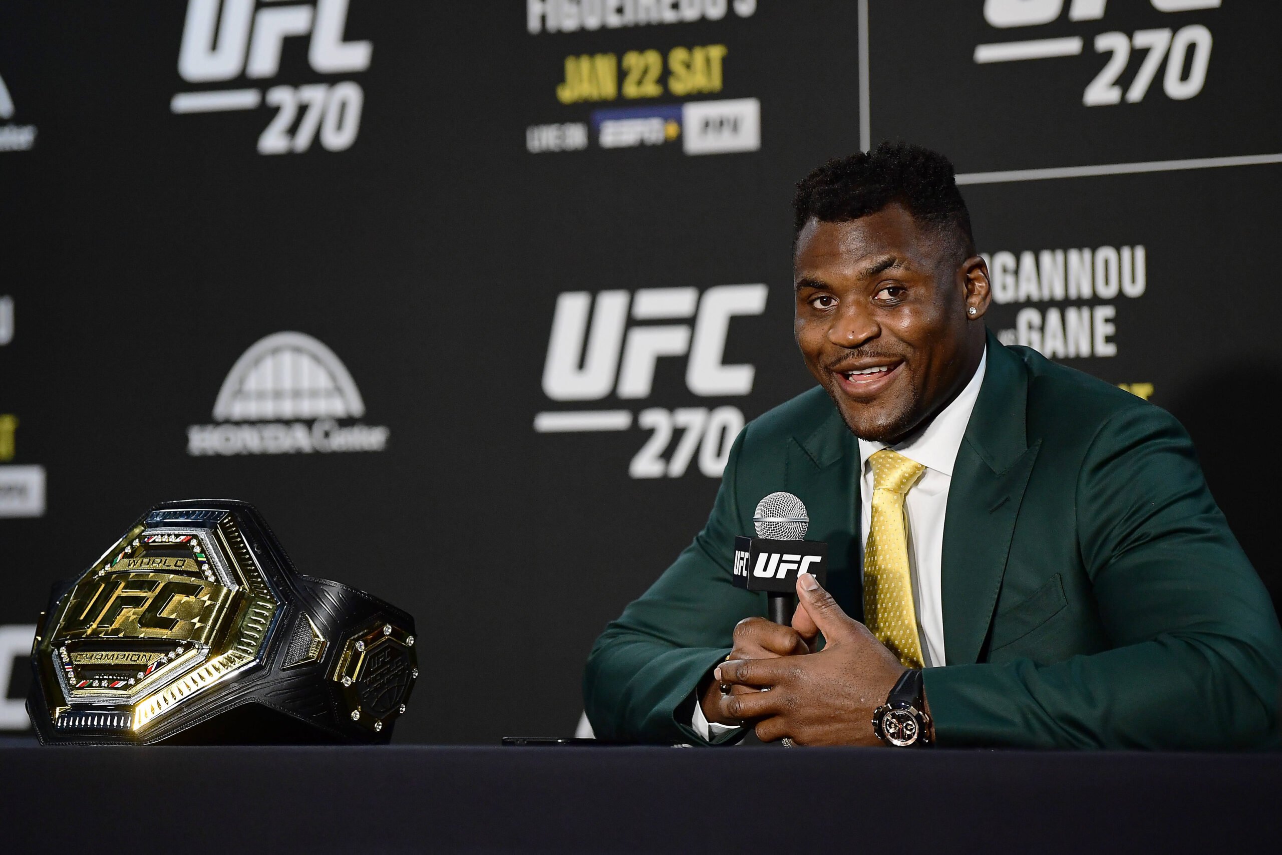 Francis Ngannou during his post-fight press conference at UFC 270.