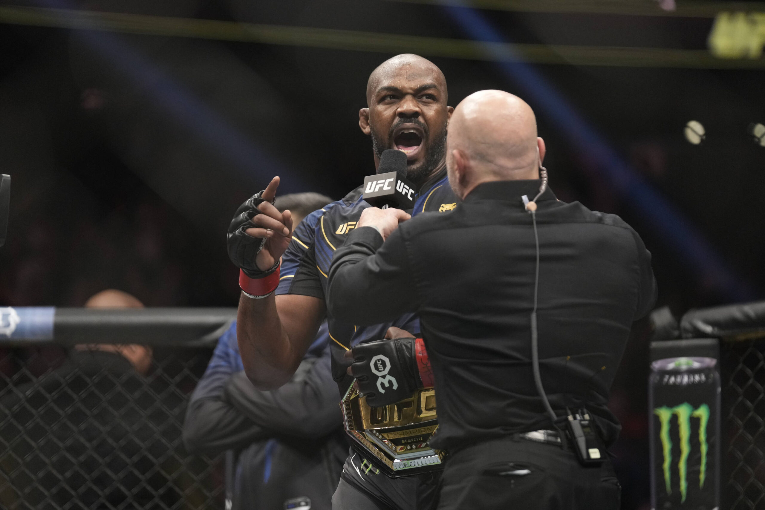 Jon Jones addresses the crowd at UFC 285.