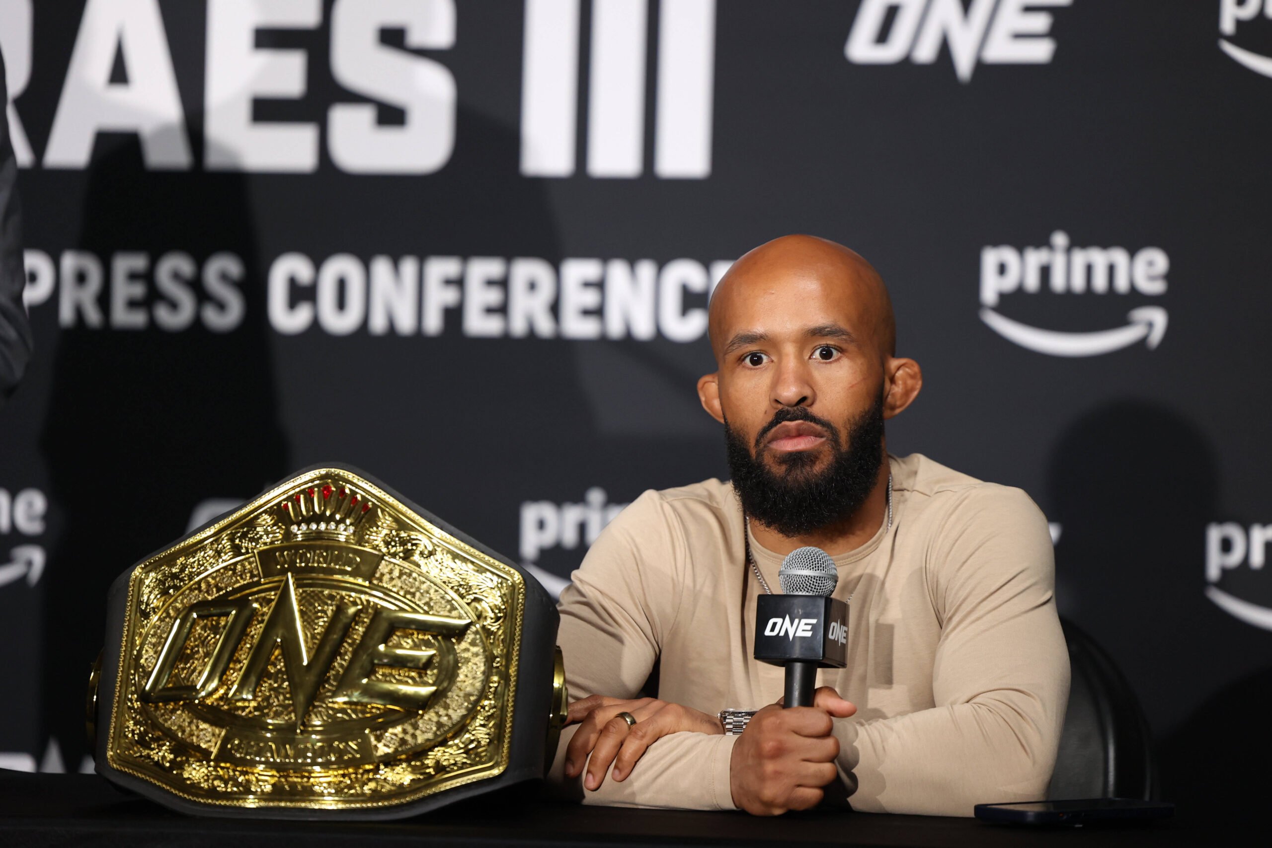 Demetrious Johnson talks to the media.