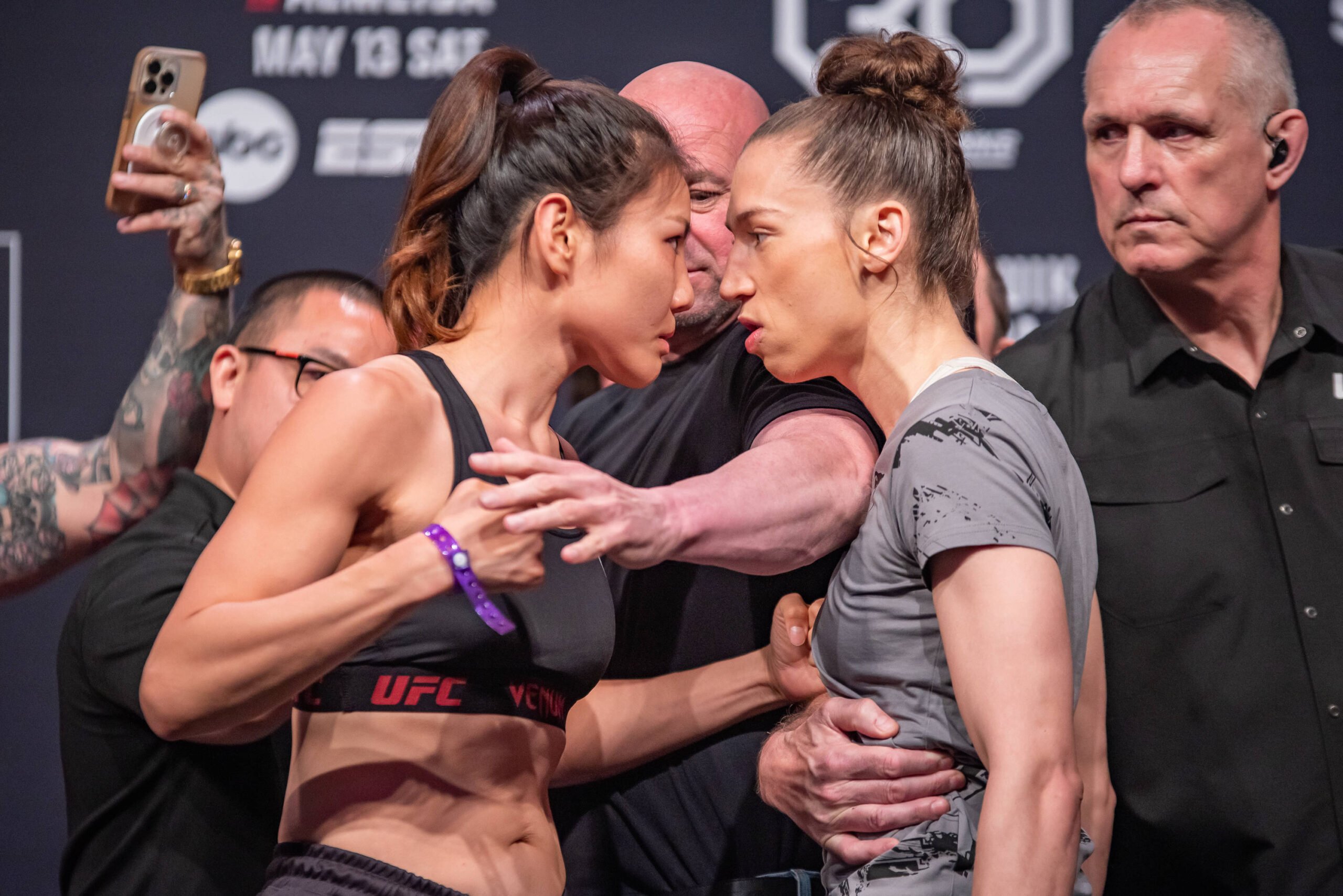 UFC flyweight Ji Yeon Kim gets heated with Mandy Bohm at ceremonial weigh-ins for UFC on ABC 4.