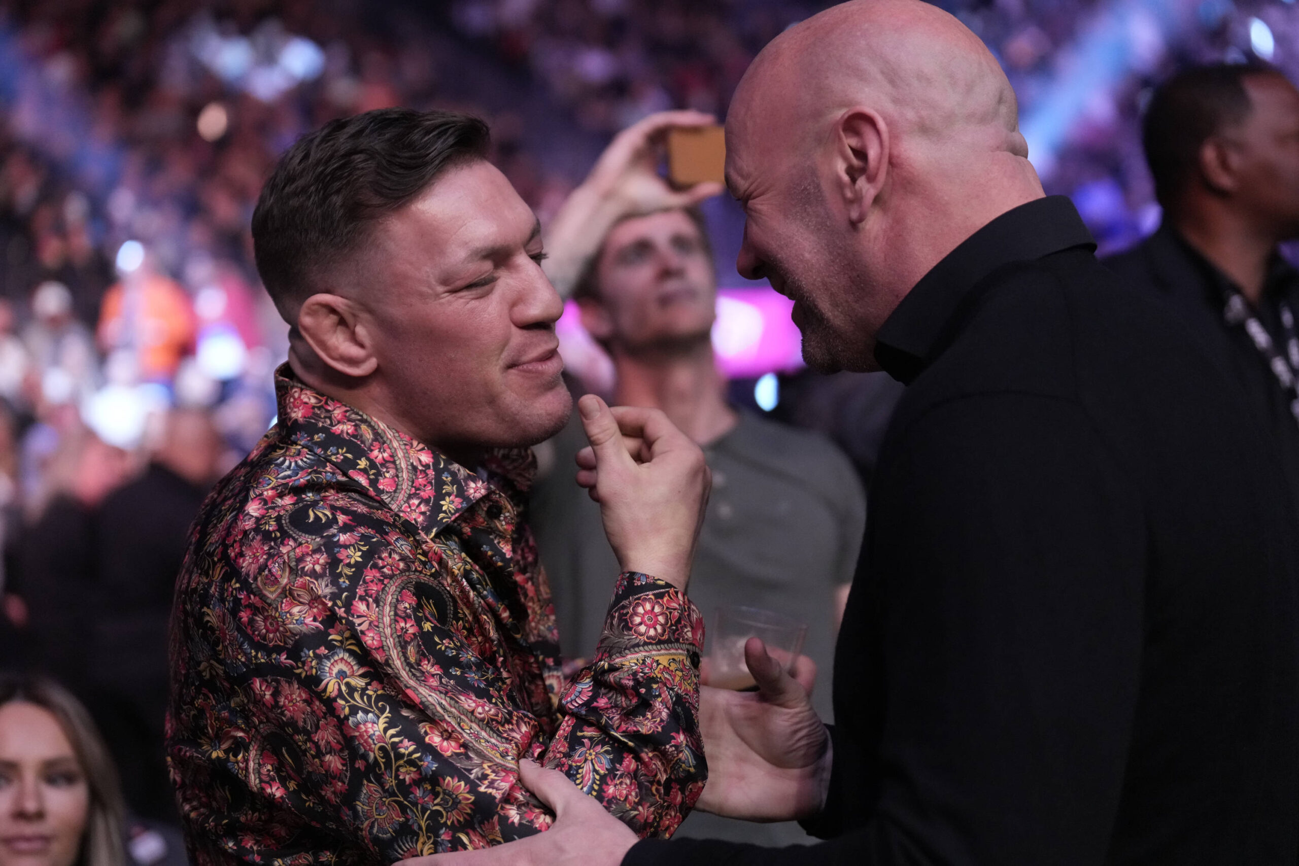 LAS VEGAS, NV - March 4: (L) Conor McGregor and Dana White share a laugh dayside at T-Mobile Arena for UFC 285 -Jones vs Gane : Event on March 4, 2...