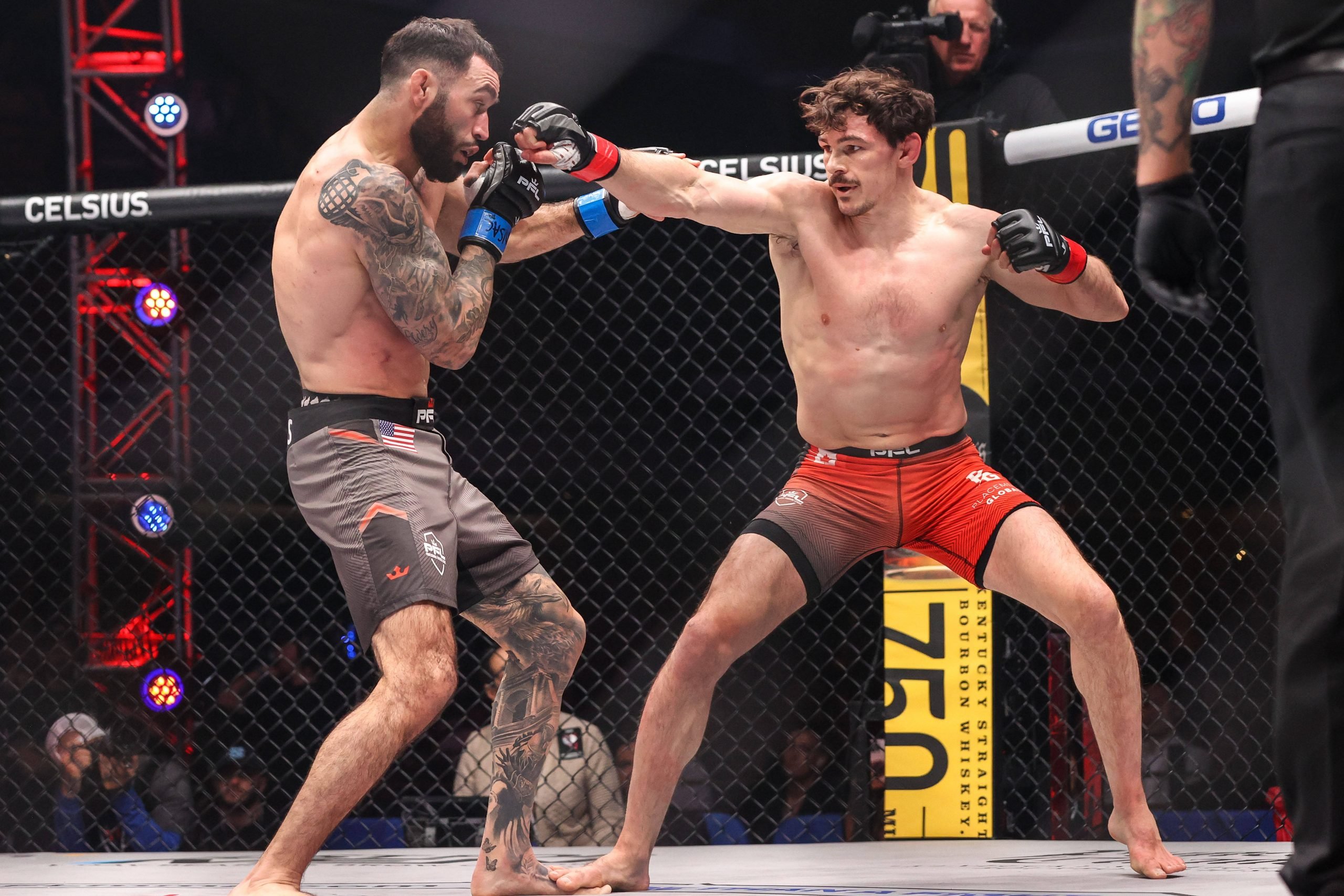 April 14, 2023: (R-L) Lightweight Olivier Aubin-Mercier punches Shane Burgos during the PFL 3 Regular Season Fight Night at The Theater inside the ...