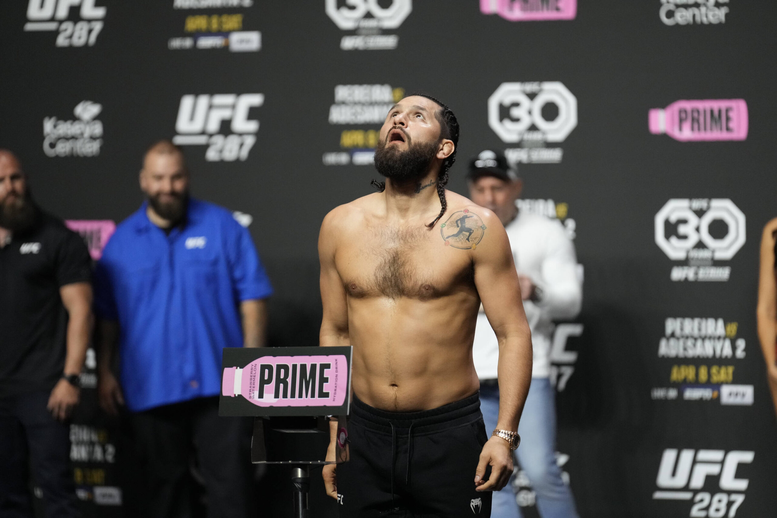 Jorge Masvidal steps on the scale at the ceremonial weigh-ins at UFC287 - Pereira v Adesanya 2 at Kaseya Center on April 7, 2023 in Miami, Florida ...