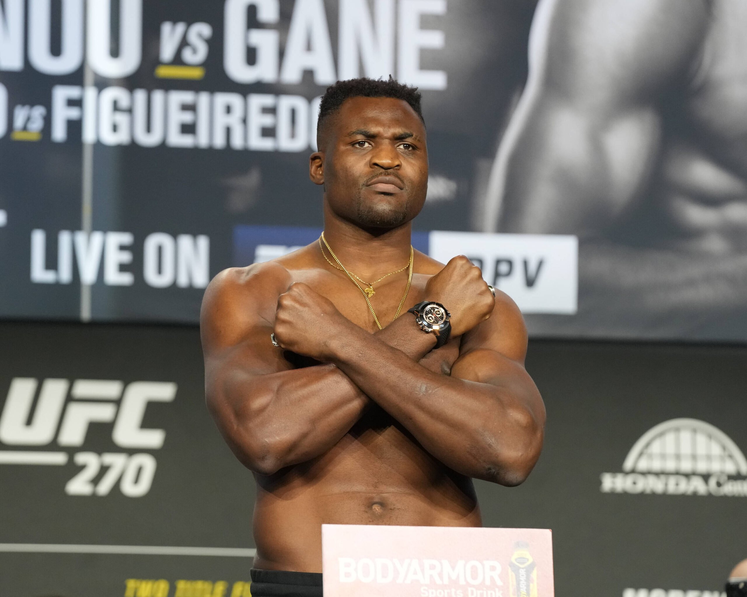 Francis Ngannou steps on the scale at the ceremonial weigh-ins in front of California fans at Anaheim Convention Center for UFC270 - Ngannou vs Gan...