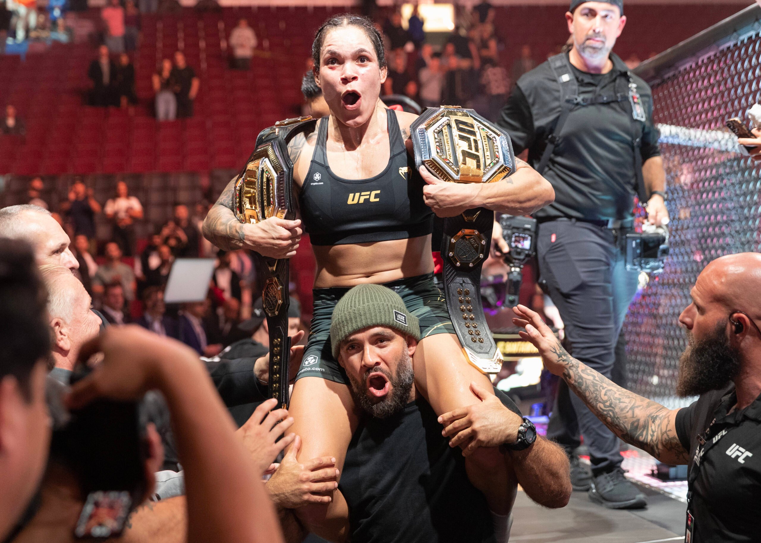 UFC 289: AMANDA NUNES of Brazil celebrates her victory over IRENE ALDANA of Mexico in their women s bantamweight title fight at Rogers Arena on Jun...