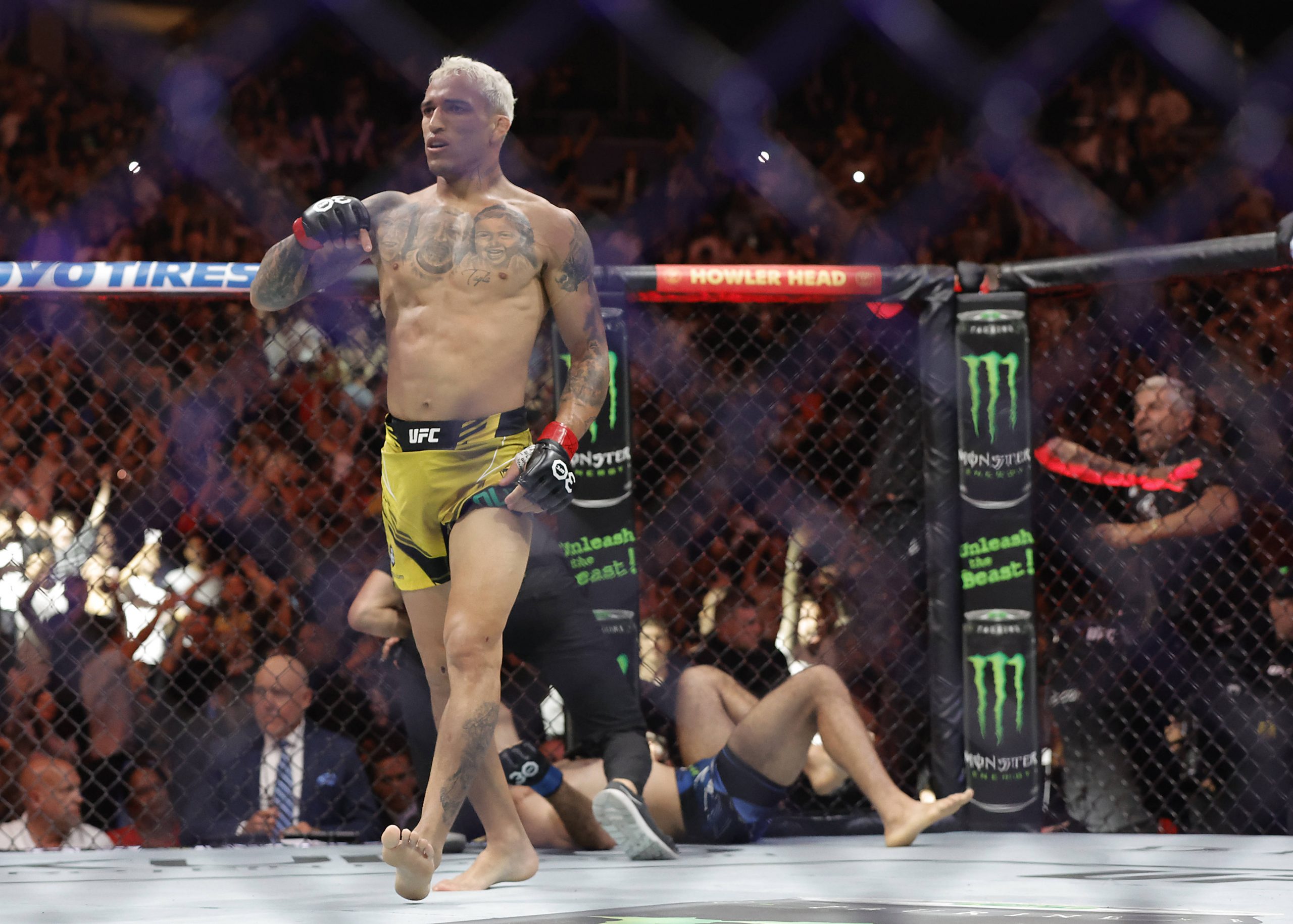CHARLES OLIVEIRA of Brazil celebrates his TKO victory over BENEIL DARIUSH of Iran in the UFC lightweight fight during the UFC 289 event at Rogers A...