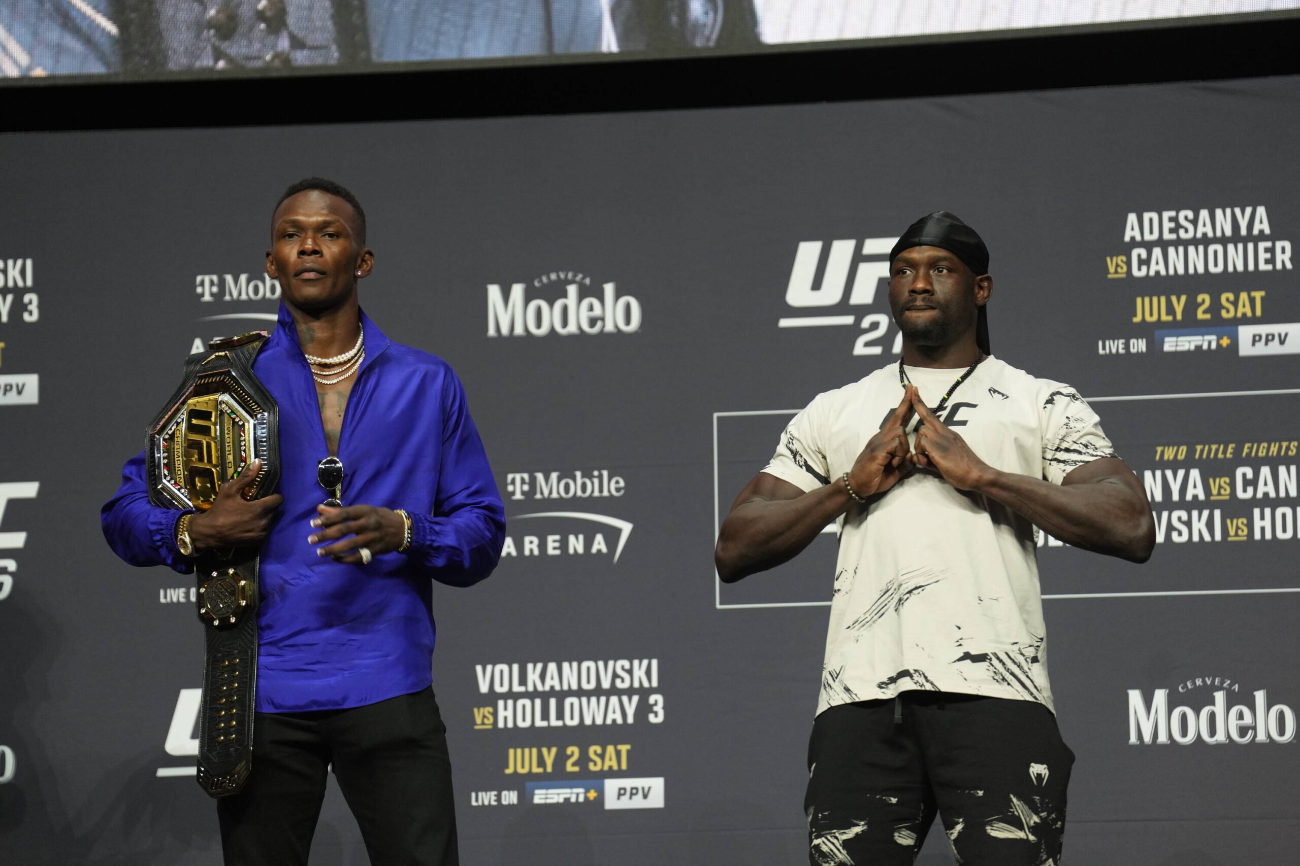 June 30, 2022, LAS VEGAS, NV, LAS VEGAS, NV, United States: LAS VEGAS, NV - June 30: Israel Adesanya (L) and Jared Cannonier (R) meets with the pre...