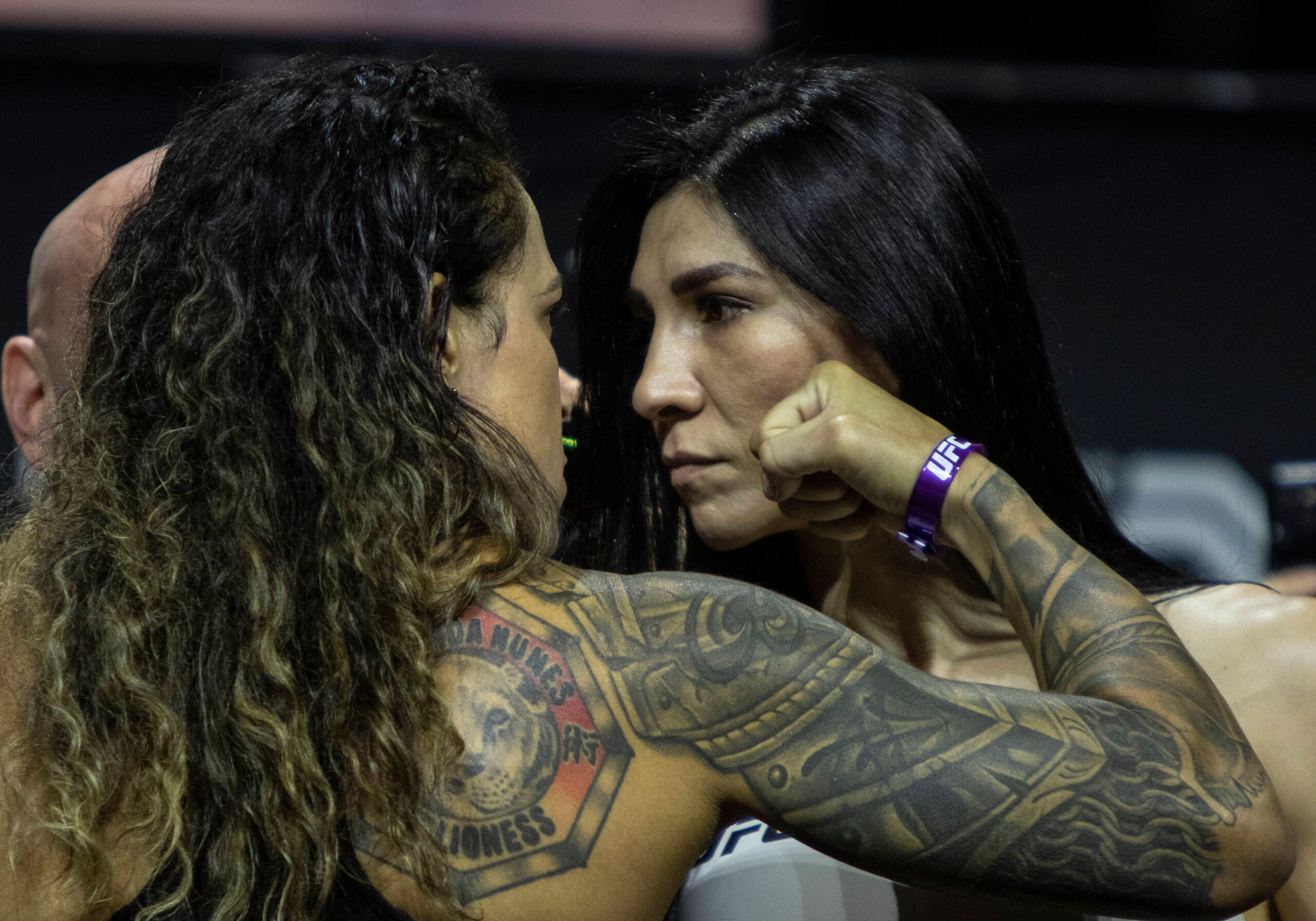 June 9, 2023: VANCOUVER, BRITISH COLUMBIA - JUNE 09: (L-R) Opponents Amanda Nunes and Irene Aldana face off during the UFC 289 ceremonial weigh-in ...