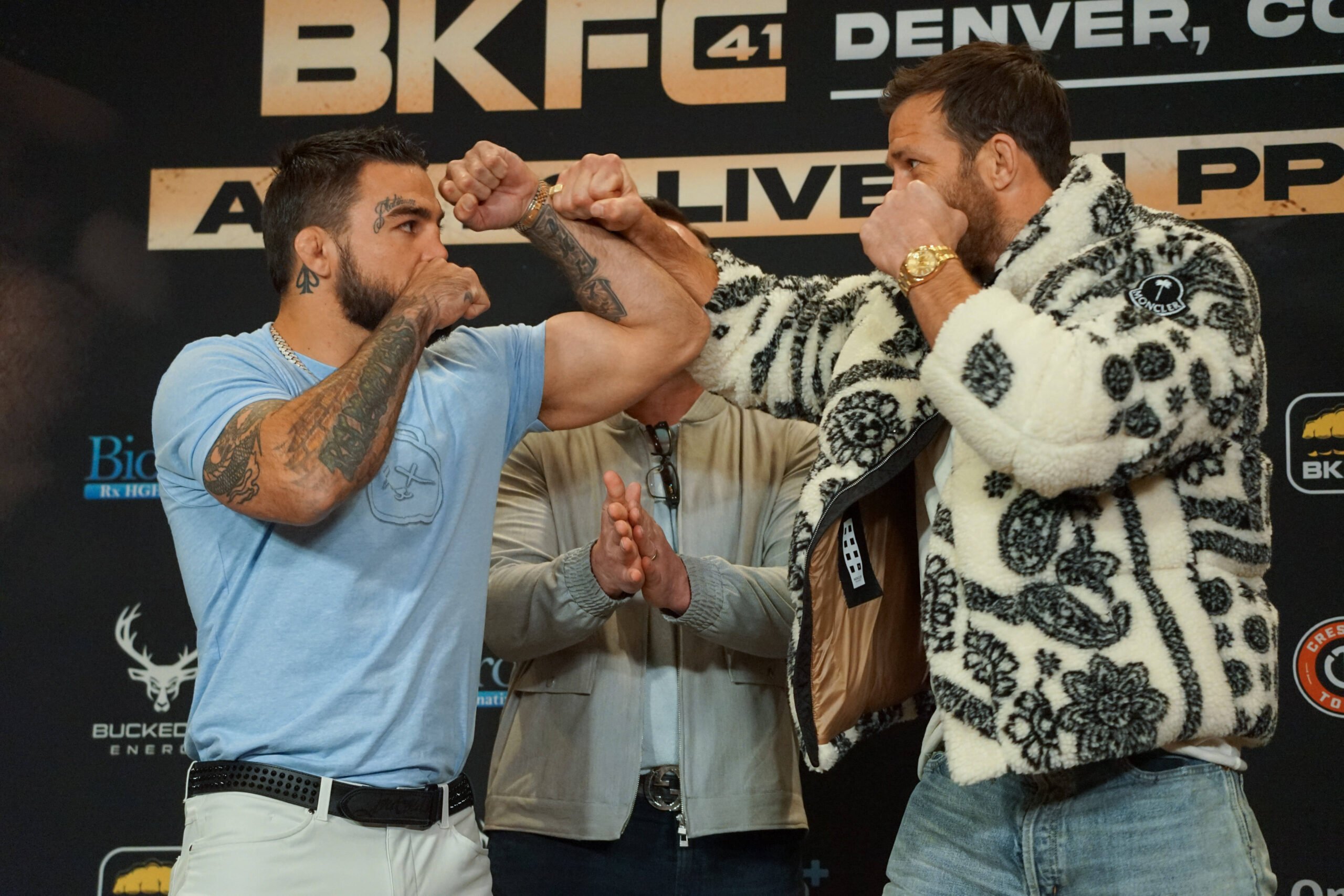 LAS VEGAS, NV - APRIL 4: (L-R) Mike Perry and Luke Rockhold face off at the BKFC 41 official pre-fight press conference, PK, Pressekonferenz on Apr...