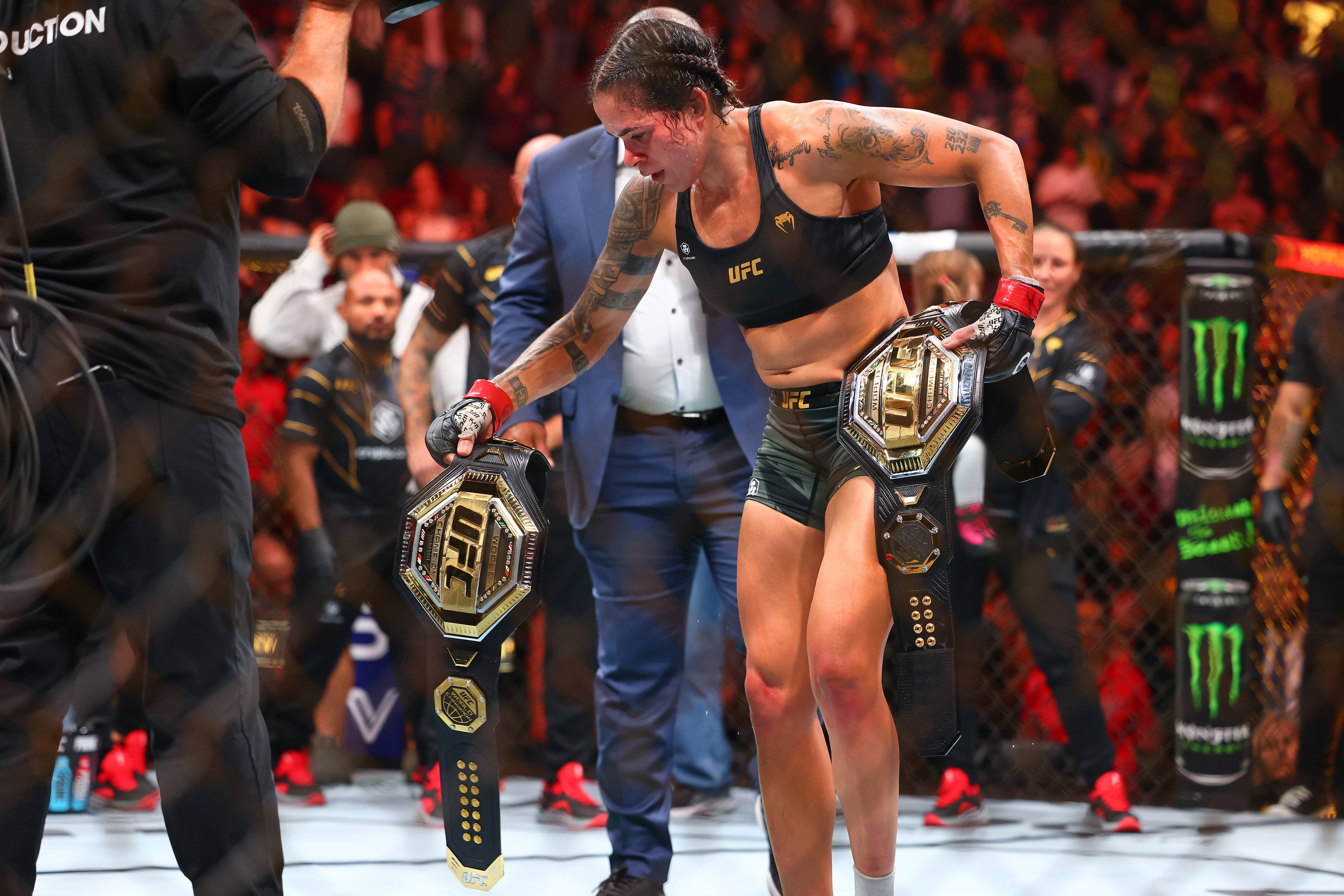 MMA: UFC 289-Nunes vs Aldana Jun 10, 2023; Vancouver, BC, Canada; Amanda Nunes celebrates her victory by decison against Irene Aldana during UFC 28...