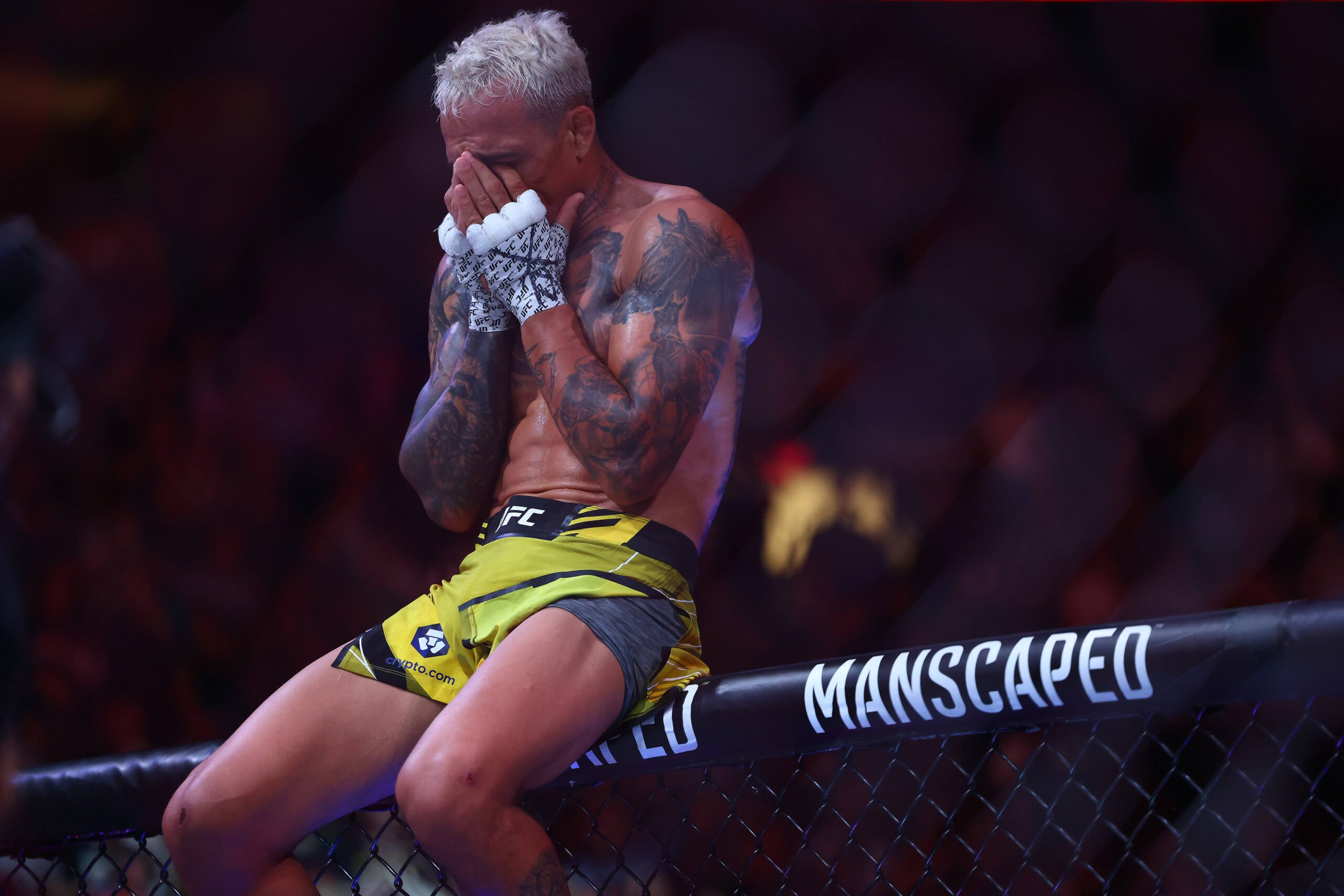 MMA: UFC 289-Oliveira vs Dariush Jun 10, 2023; Vancouver, BC, Canada; Charles Oliveira reacts following his TKO victory against Beneil Dariush duri...