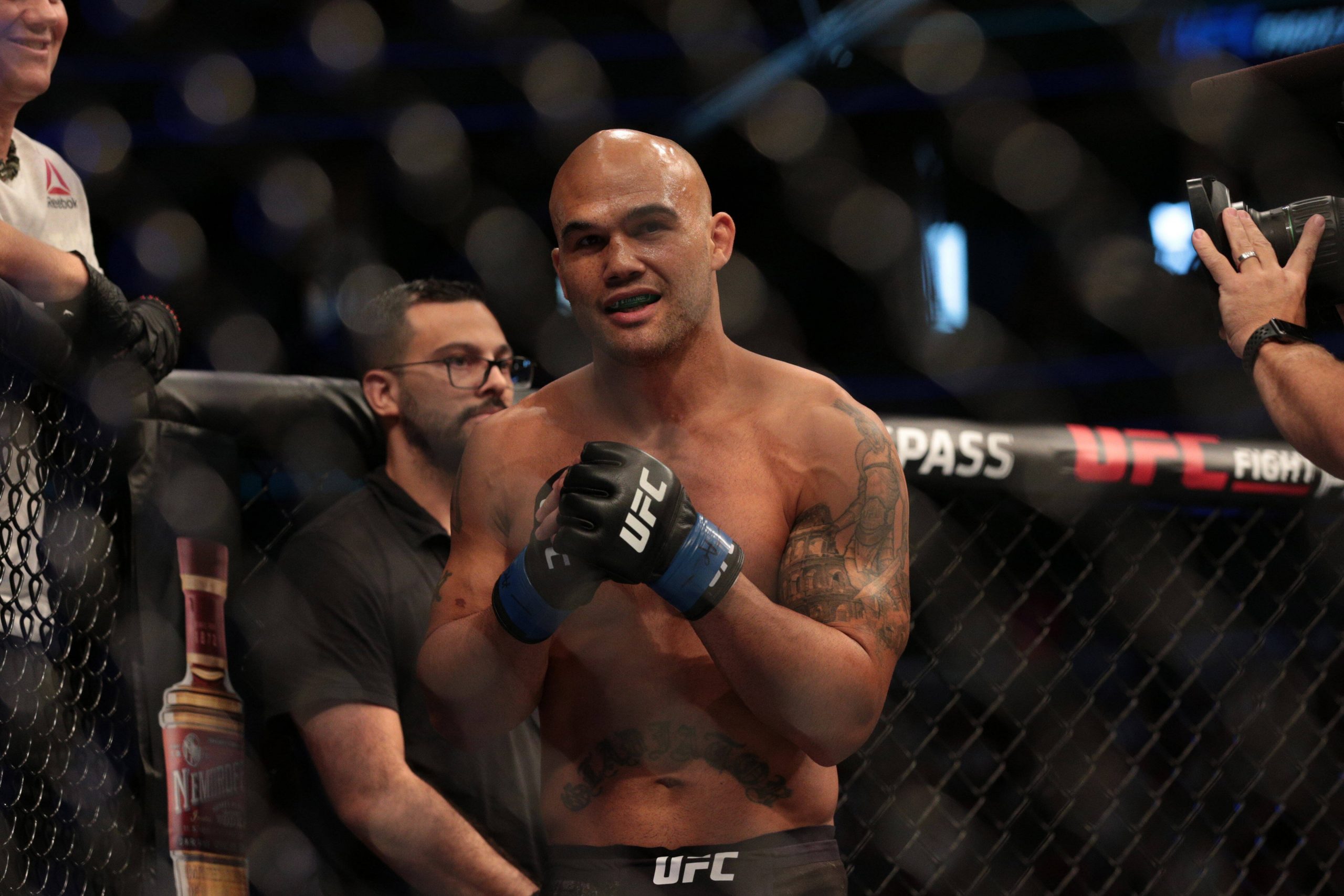 MMA: UFC Newark- Covington vs Lawler, Aug 3, 2019; Newark, NJ, USA; Robbie Lawler (blue gloves) reacts against Colby Covington (not pictured) durin...