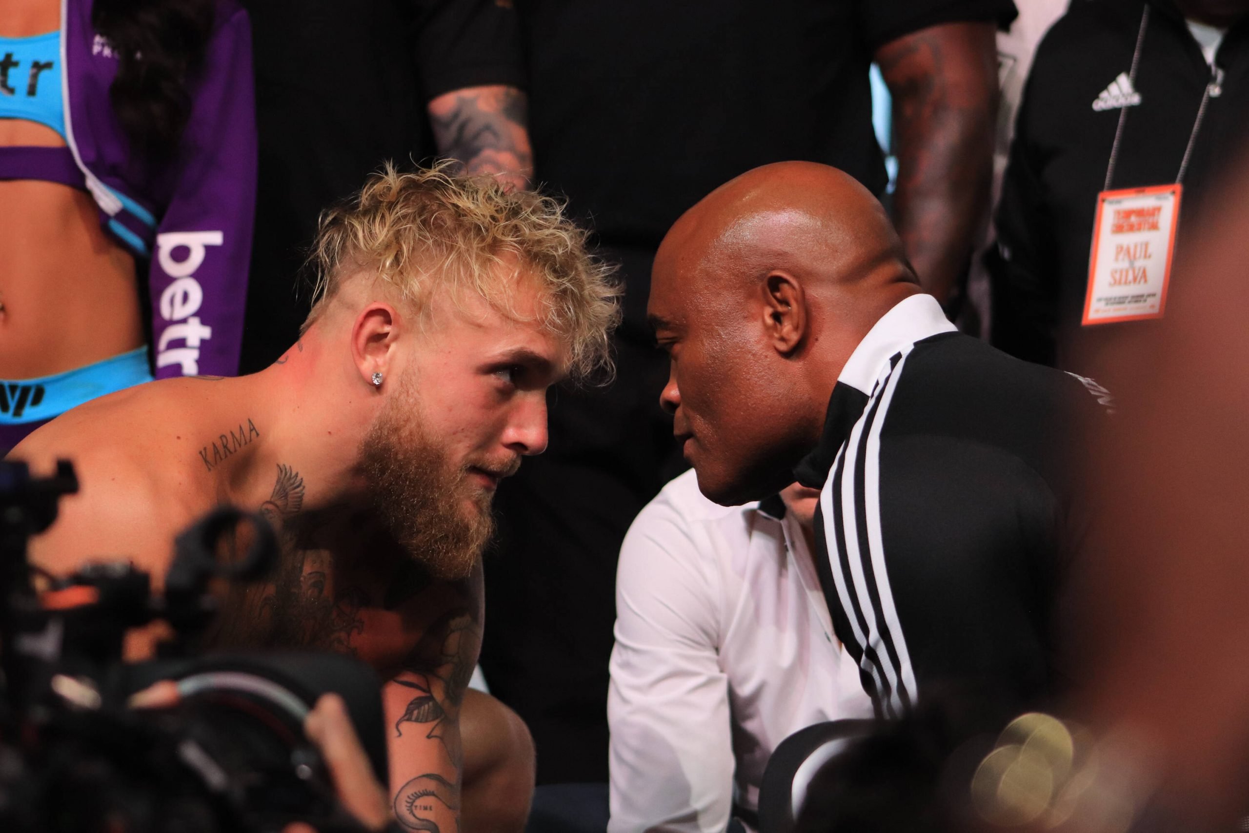 Jake Paul and Anderson Silva face off during the Paul v Silva: Weigh-in at Desert Diamond Arena on October 28, 2022 in Glendale, Arizona, United St...