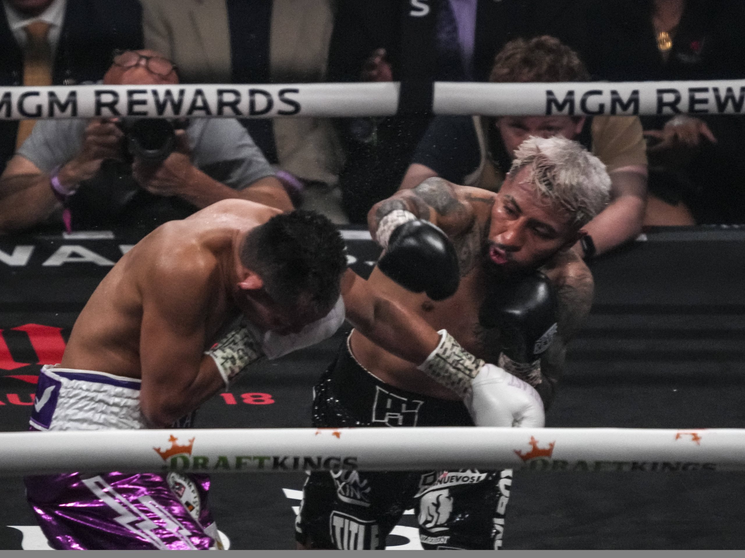July 29, 2023, Las Vegas, Nevada, USA: Action between Nonito Donaire (42-8 28KOs purple) and Alexandro Santiago (28-3-5 14KOs black & white) for th...