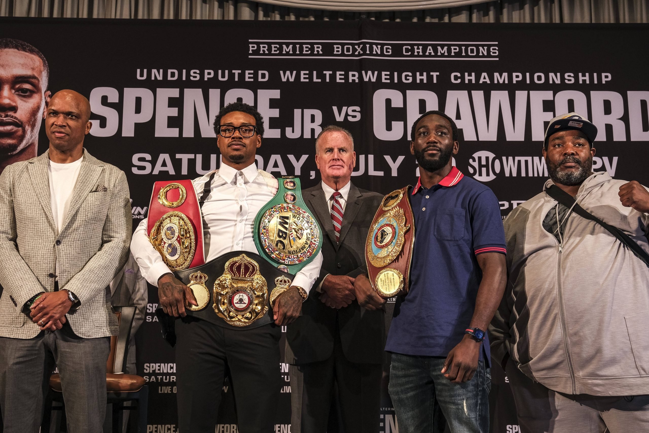 June 13, 2023, Los Angeles, California, USA: WBC, WBA & IBF champion Errol Spence Jr. and WBO welterweight champion Terence Ã¢â‚¬ËœBudÃ¢â‚¬â ¢ Craw...