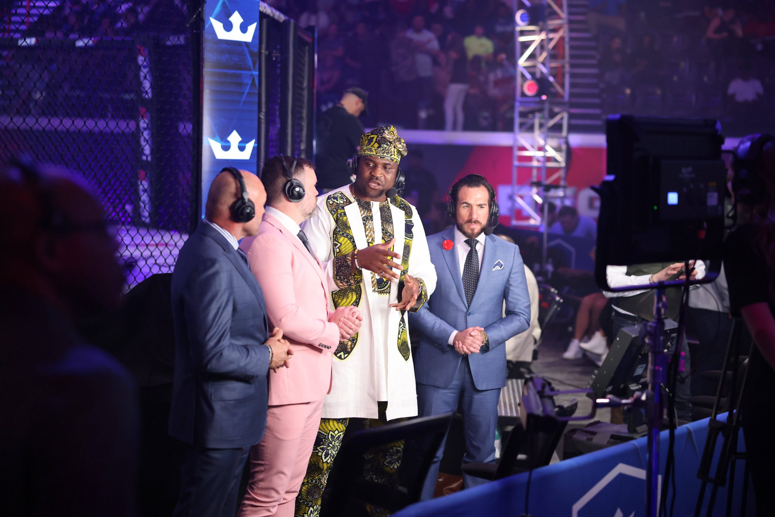 June 16, 2023, Atlanta, Georgia, USA: Atlanta, GA - June 16: Francis Ngannou speaks with Randy Couture, Sean OÃ¢â‚¬â ¢Connell, and Kenny Florian du...