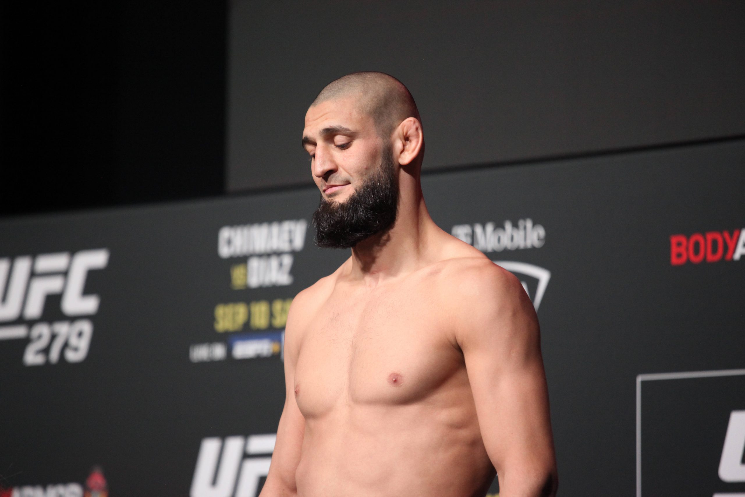 Khamzat Chimaev weighs in for UFC 279.