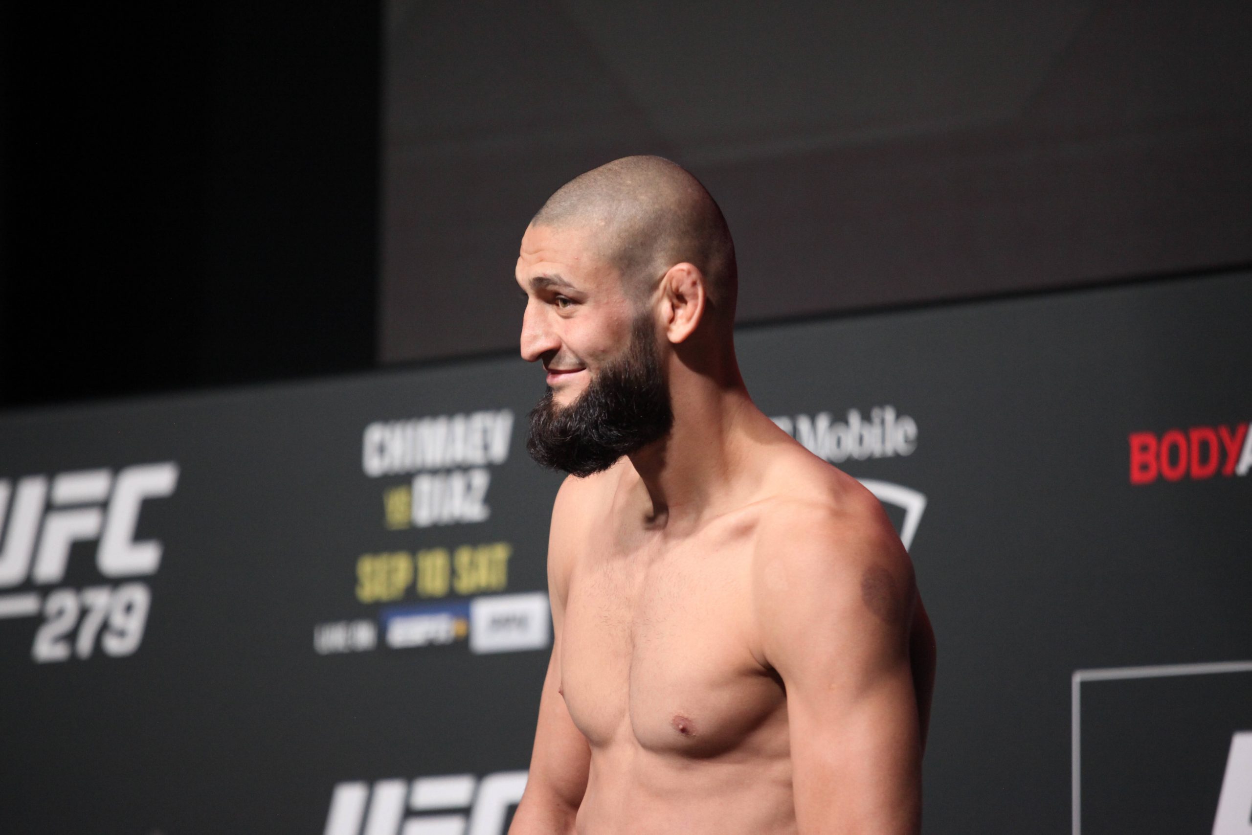 LAS VEGAS, NV - SEPTEMBER 9: Khamzat Chimaev weighs in for their UFC 279 bout during the official weigh-ins on September 9, 2022, at the UFC APEX i...