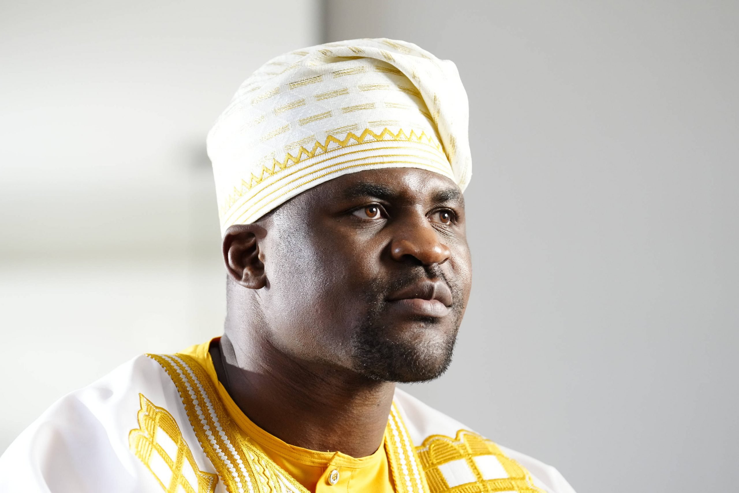 May 11, 2023, Los Angeles, CA, Los Angeles, CA, United States: Los Angeles, CA - May 16: Francis Ngannou wearing tradfitional African wardrobe at P...