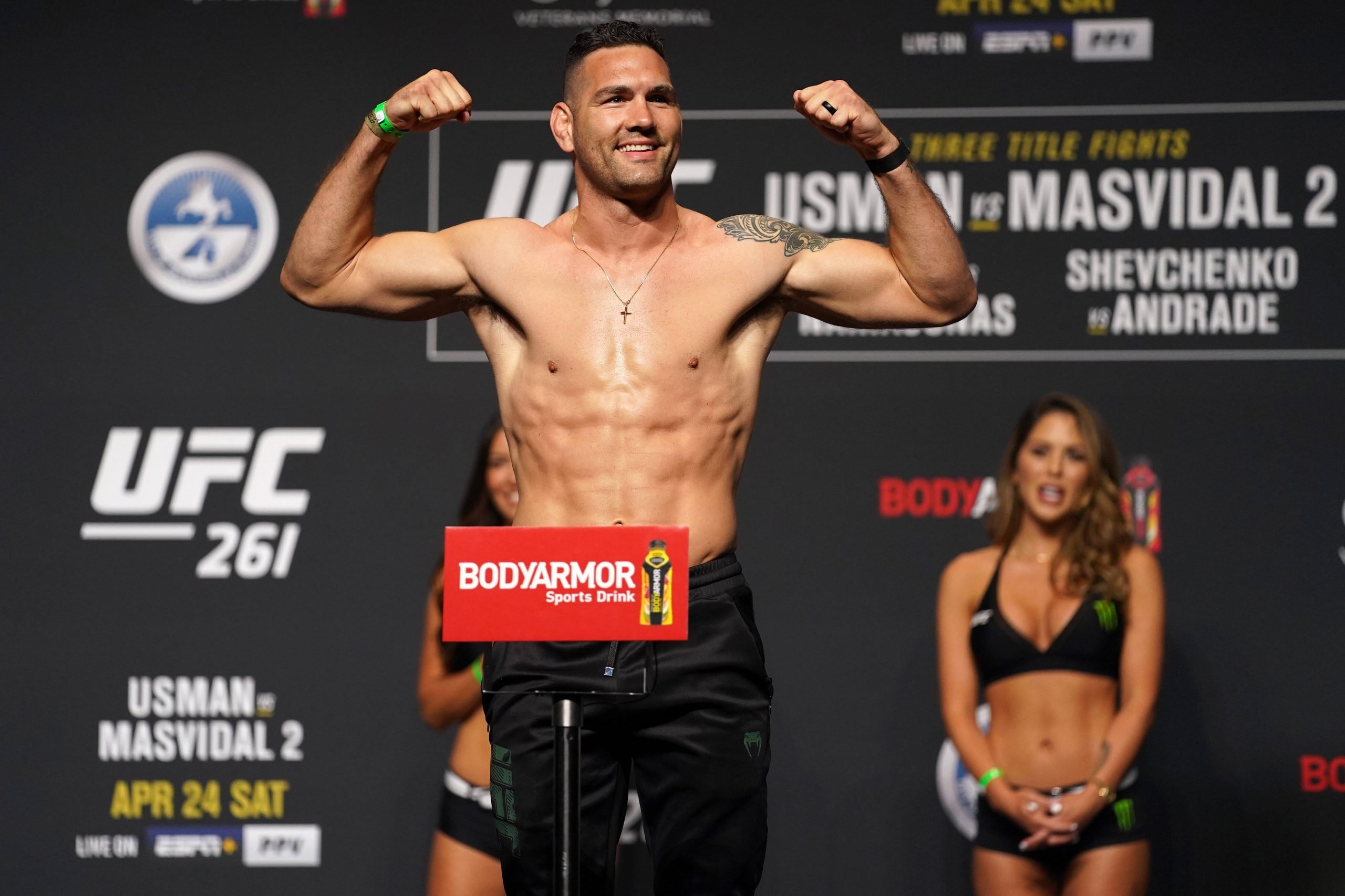 MMA: UFC 261-Weigh Ins, Apr 23, 2021; Jacksonville, Florida, USA; Chris Weidman flexes while on the scale during weigh-ins for UFC 261 at VyStar Ve...