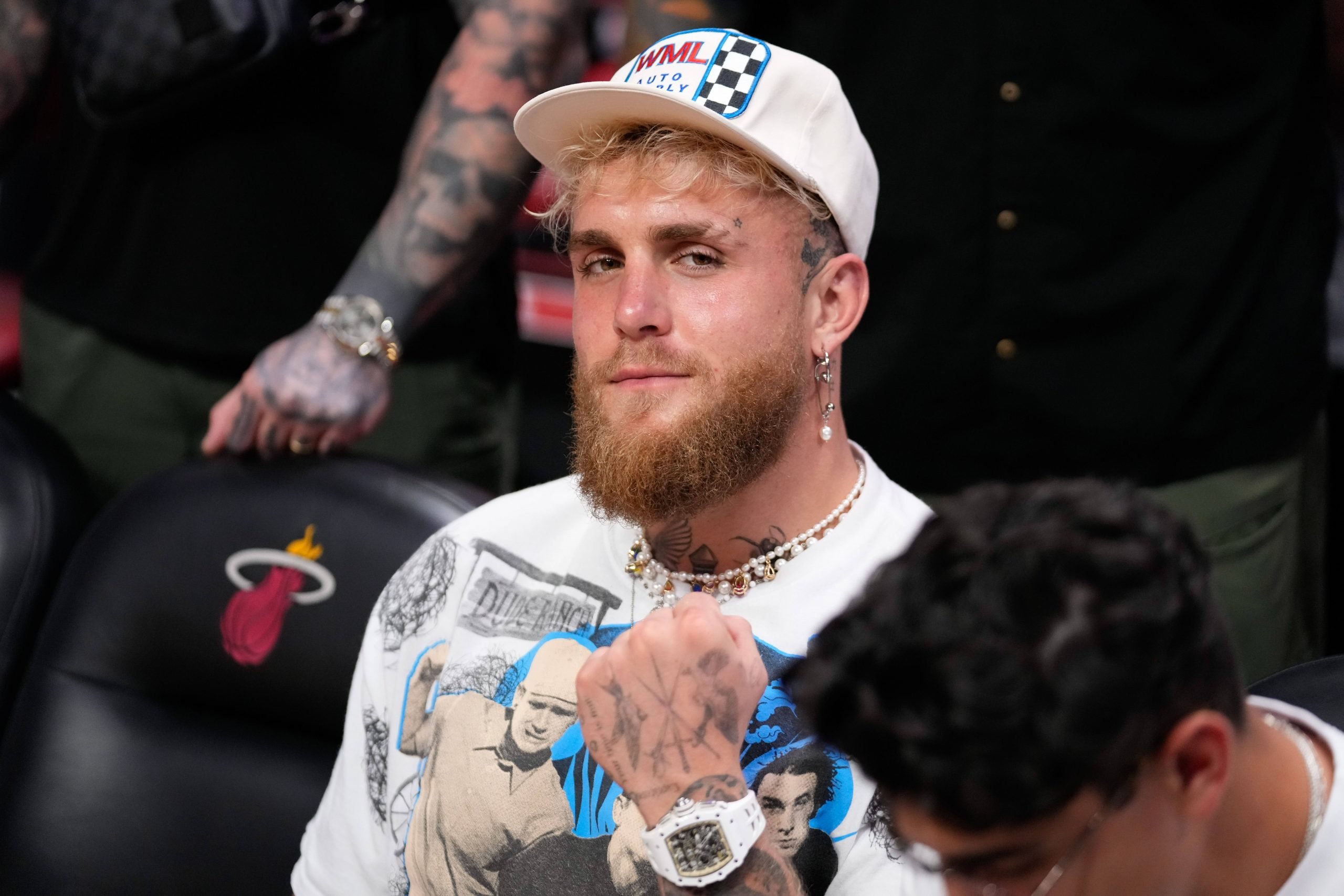 NBA, Basketball Herren, USA Playoffs-New York Knicks at Miami Heat May 6, 2023; Miami, Florida, USA; Jake Paul watches a game between the Miami Hea...