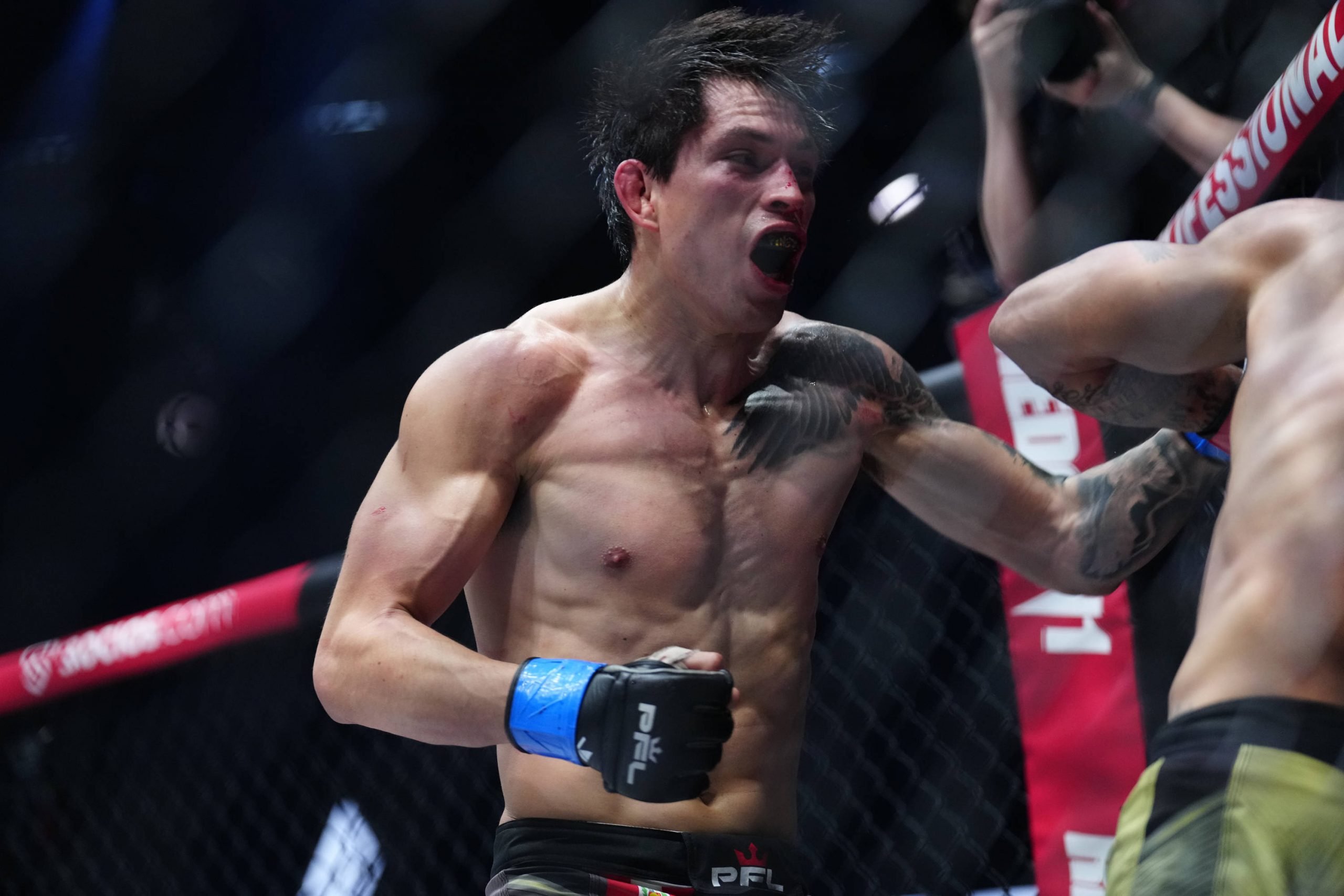 April 1, 2023, Las Vegas, NV, LAS VEGAS, NEVADA, United States: LAS VEGAS, NEVADA -April 1: (L-R) Jesus Pinedo punches Gabriel Braga in a featherwe...