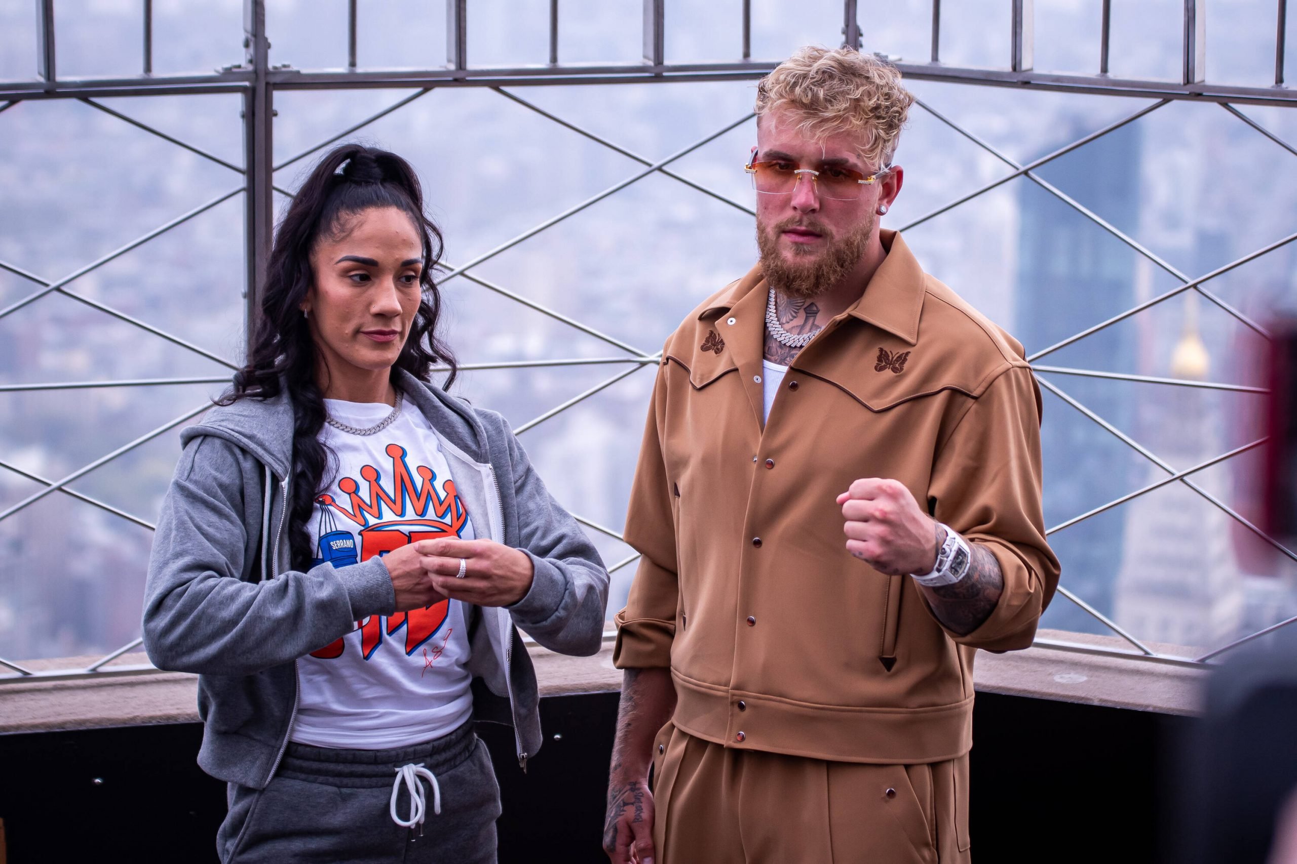 April 26, 2022, New York, NY, New York, NY, United States: NEW YORK, NY - APRIL 26: (L-R) Amanda Serrano stands with Jake Paul atop the Empire Stat...