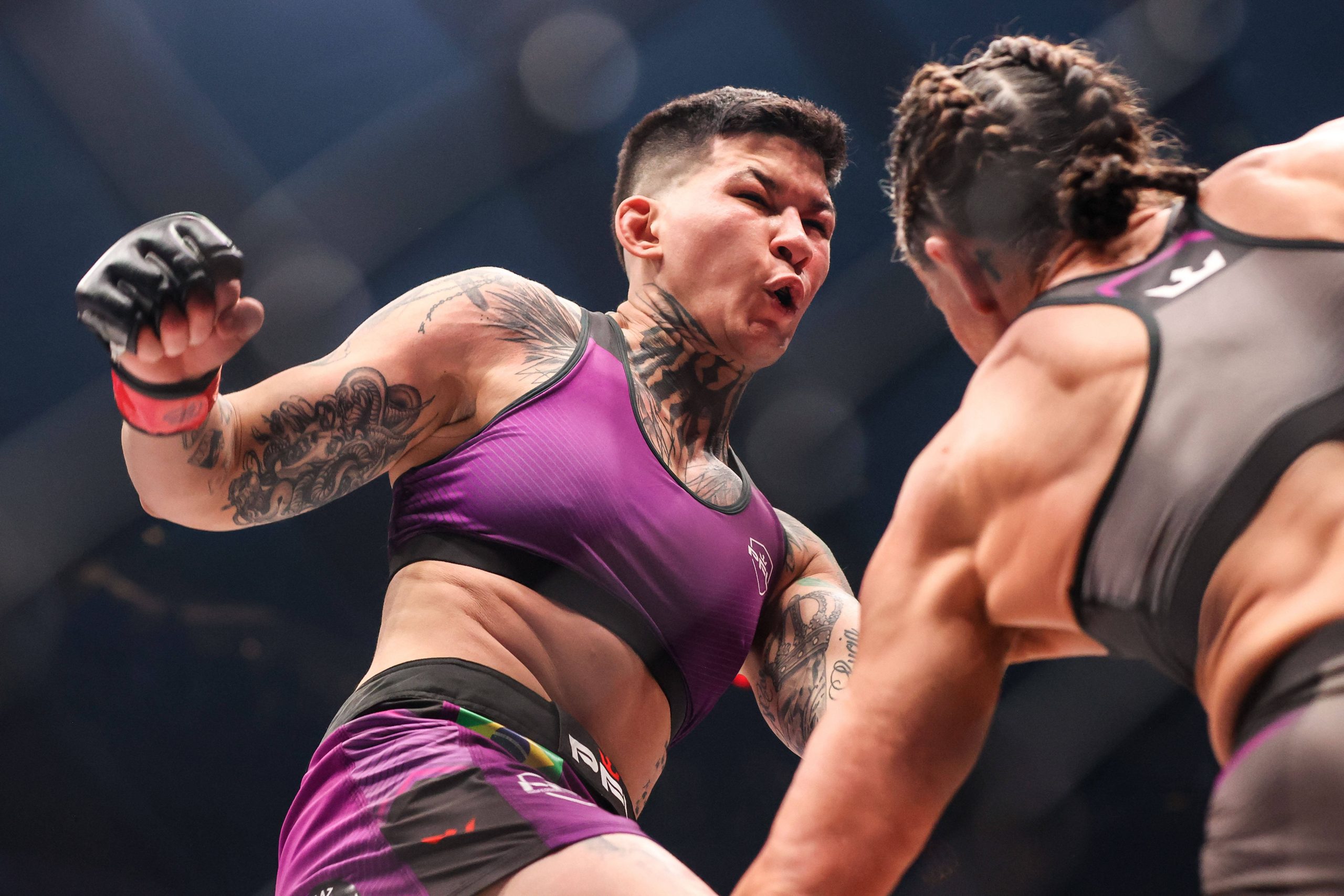 April 7, 2023: Featherweight Larissa Pacheco throws a punch at Julia Budd during their PFL 2 Regular Season Fight Night at The Theater inside the V...